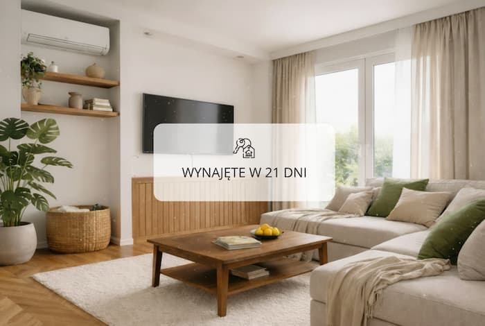 Nowoczesny salon z telewizorem, roślinami i drewnianymi elementami w mieszkaniu na wynajem