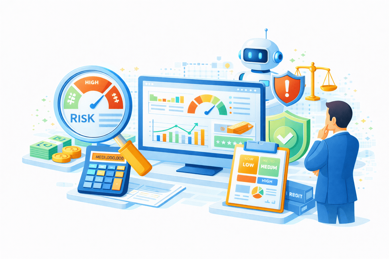 Ilustrasi AI‑driven risk management, analytics, dan compliance decisioning. Di tengah terdapat dashboard analitik pada monitor besar yang menampilkan grafik tren, indikator performa, dan risk score. Di kiri, kaca pembesar memperbesar meter RISK pada level High, disertai kalkulator bernilai rupiah serta uang/koin, menandakan dampak finansial dari risiko.  Di kanan, AI/robot assistant berdiri di belakang perisai oranye (peringatan) dan perisai hijau bertanda centang (approved/compliant), dengan timbangan keadilan yang melambangkan kepatuhan dan penilaian objektif. Seorang profesional berdiri menganalisis hasil di depan clipboard penilaian risiko (Low–Medium–High). Visual menggambarkan orkestrasi analitik, evaluasi risiko, mitigasi berbasis AI, dan pengambilan keputusan yang aman serta patuh regulasi.
