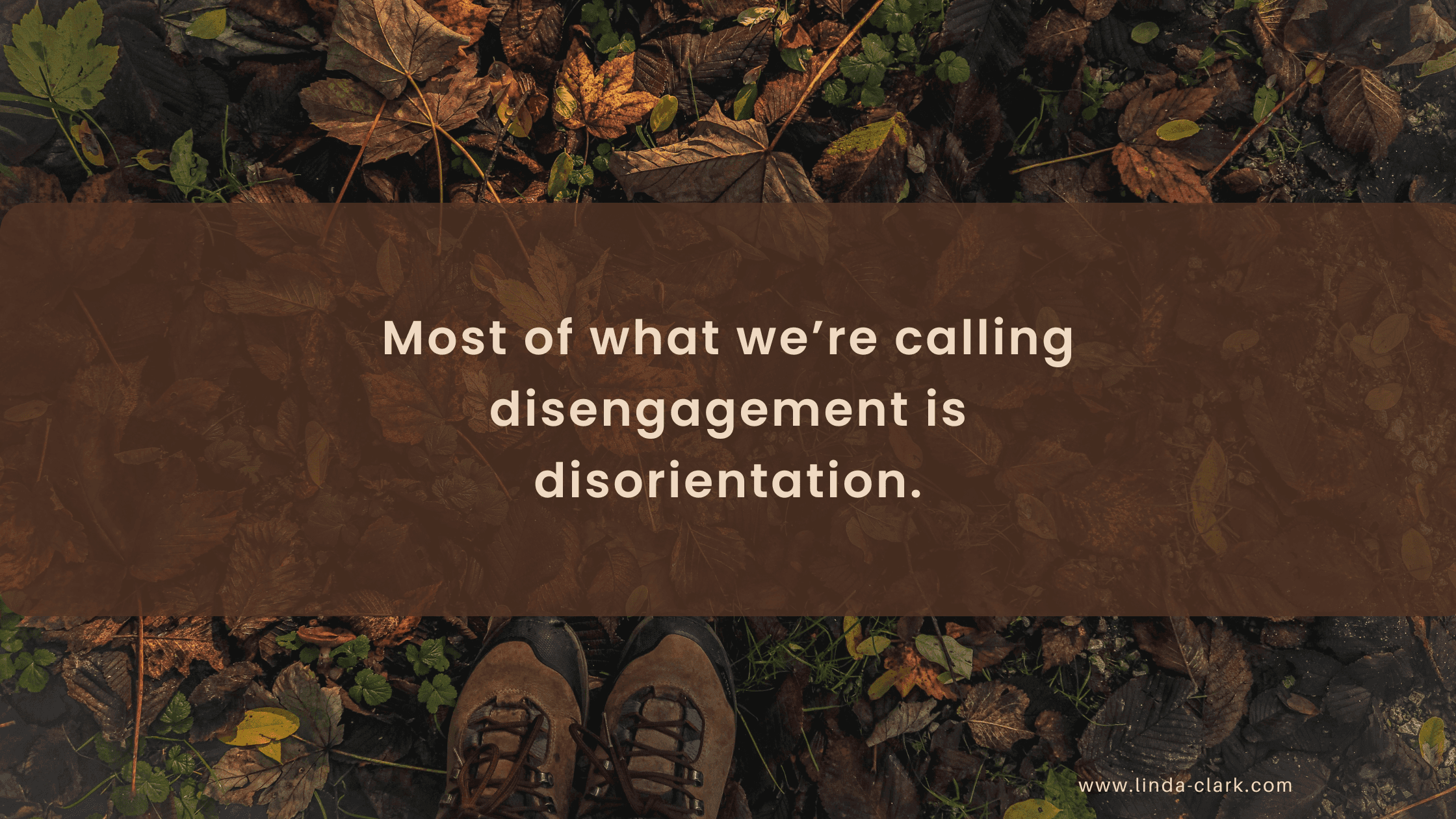A photo of a forest floor covered in leaves and looking down at your boots in the leaves. The title of the blog post is on a brown background and says Employee Engagement & Attachment Theory: Real Commitment | Linda Clark