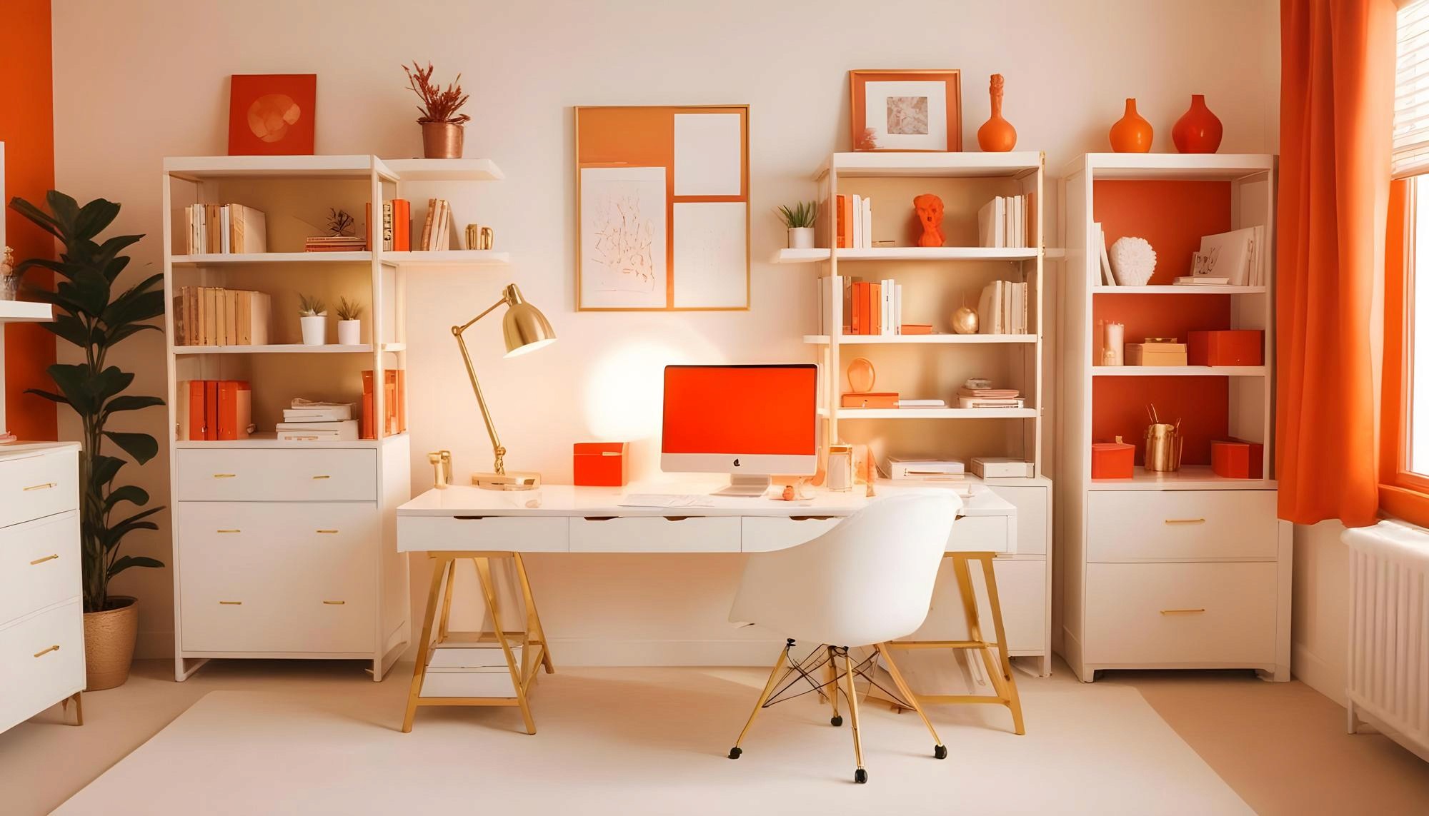minimal white office, with an orange accent