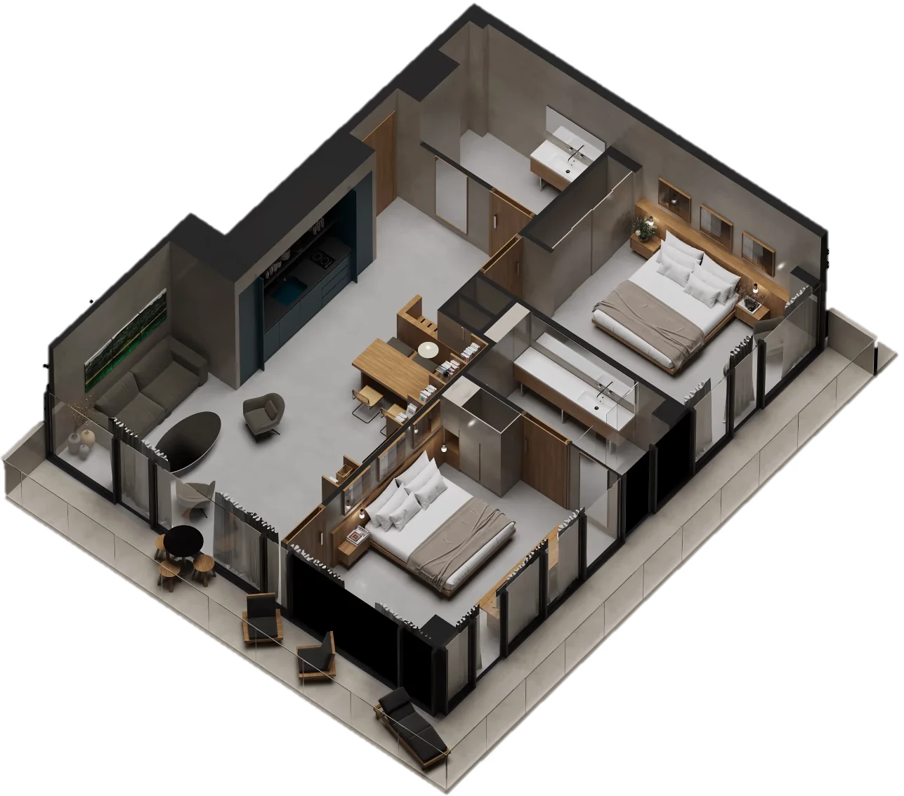 Modern 2BR layout with open living, two baths, and full-length balcony.