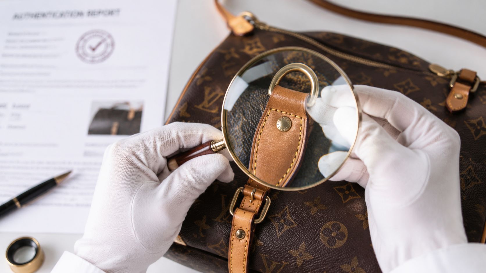 A professional authenticator in white gloves uses a magnifying glass to inspect a vintage Louis Vuitton handbag.