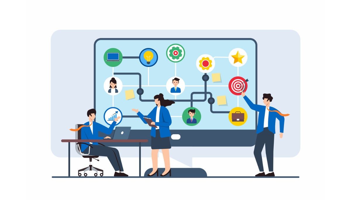 Illustration of three professionals analyzing a digital flowchart with icons for ideas, gears, goals, and teamwork, representing the decision-making process between computer science and computer engineering career paths.