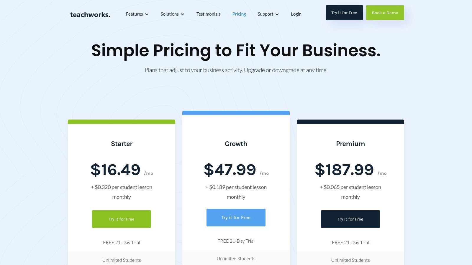 Teachworks pricing plans showing Growth and Premium tiers