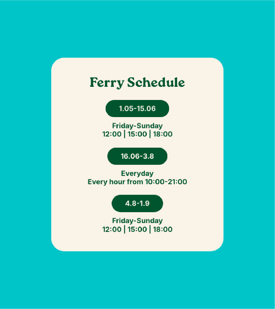 Detailed informational board for Elisaari harbor, displaying the ferry schedule, rowing boat instructions, and a color-coded utility map for visitor navigation.