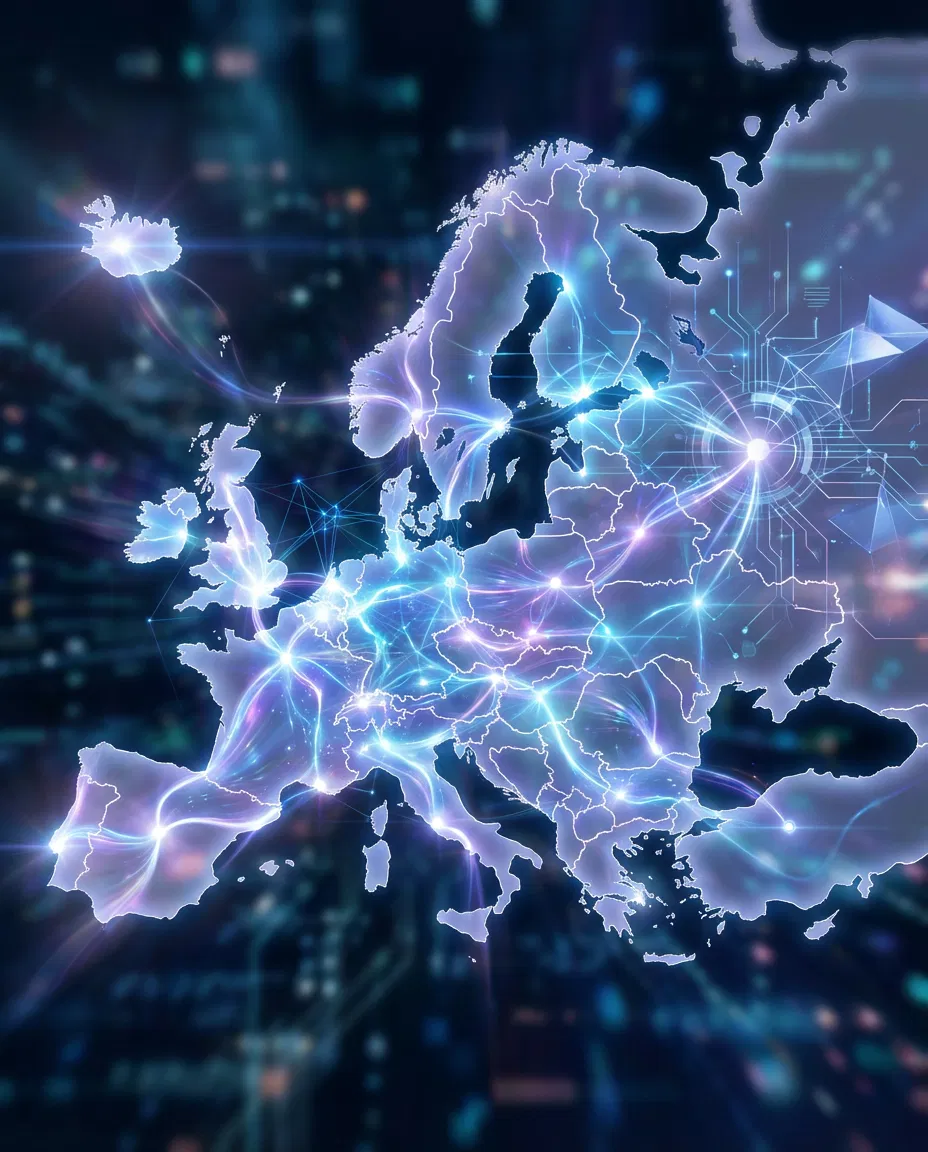 Conceptual illustration of generative AI technology spreading across Europe