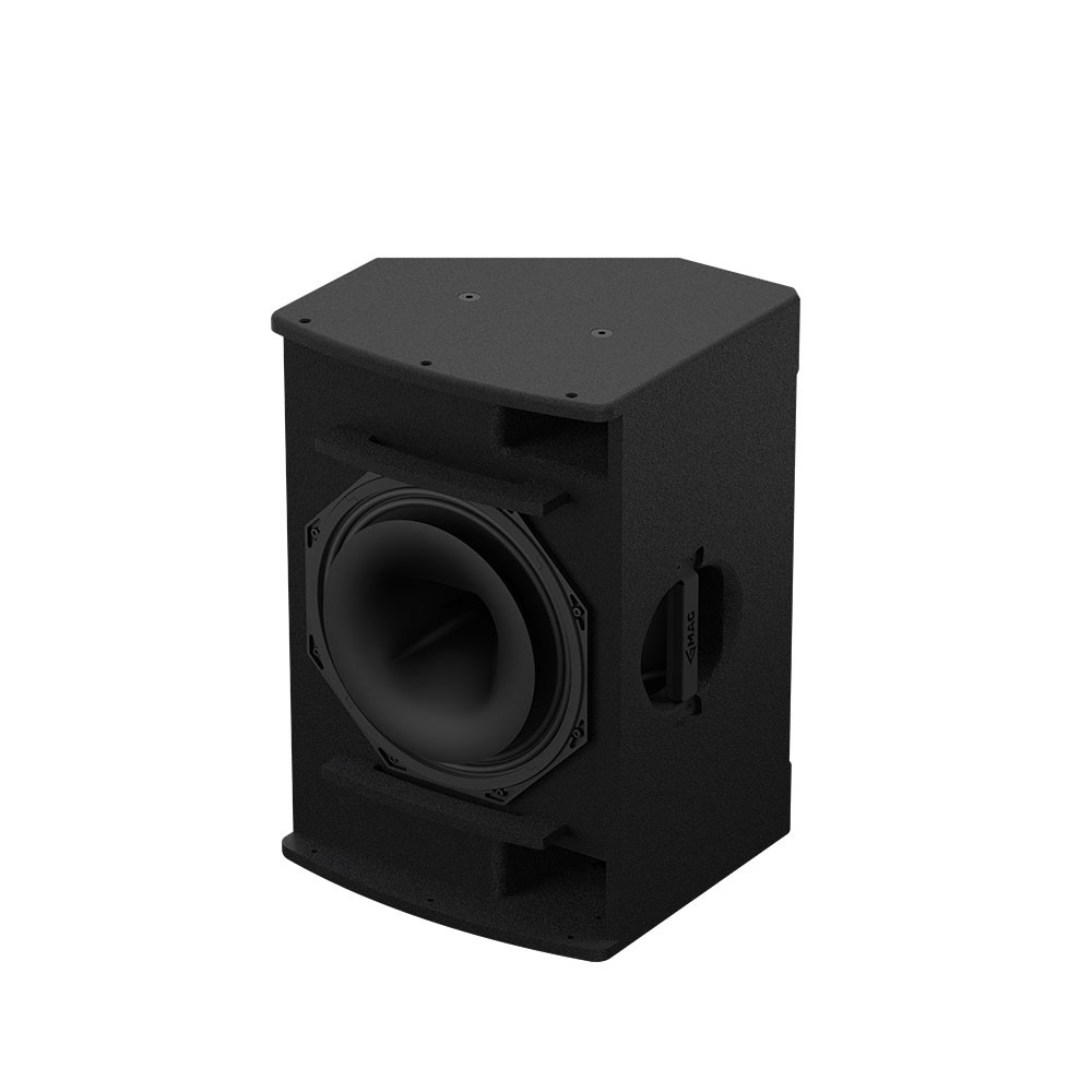 Black speaker with visible woofer and a textured finish.