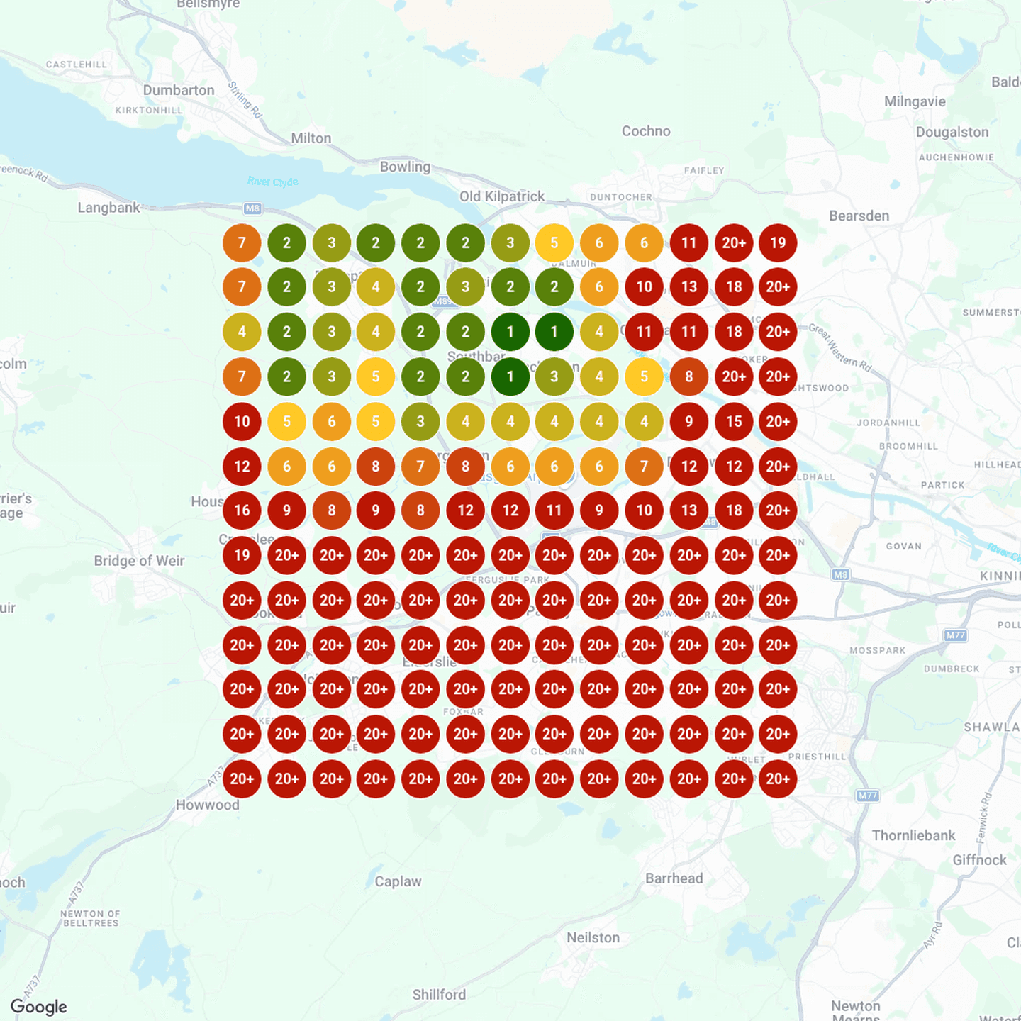 Map scan for "plumber" across Renfrewshire on 12 October 2026: top 3 around Erskine and Bishopton, not in the top 20 across Paisley and Johnstone