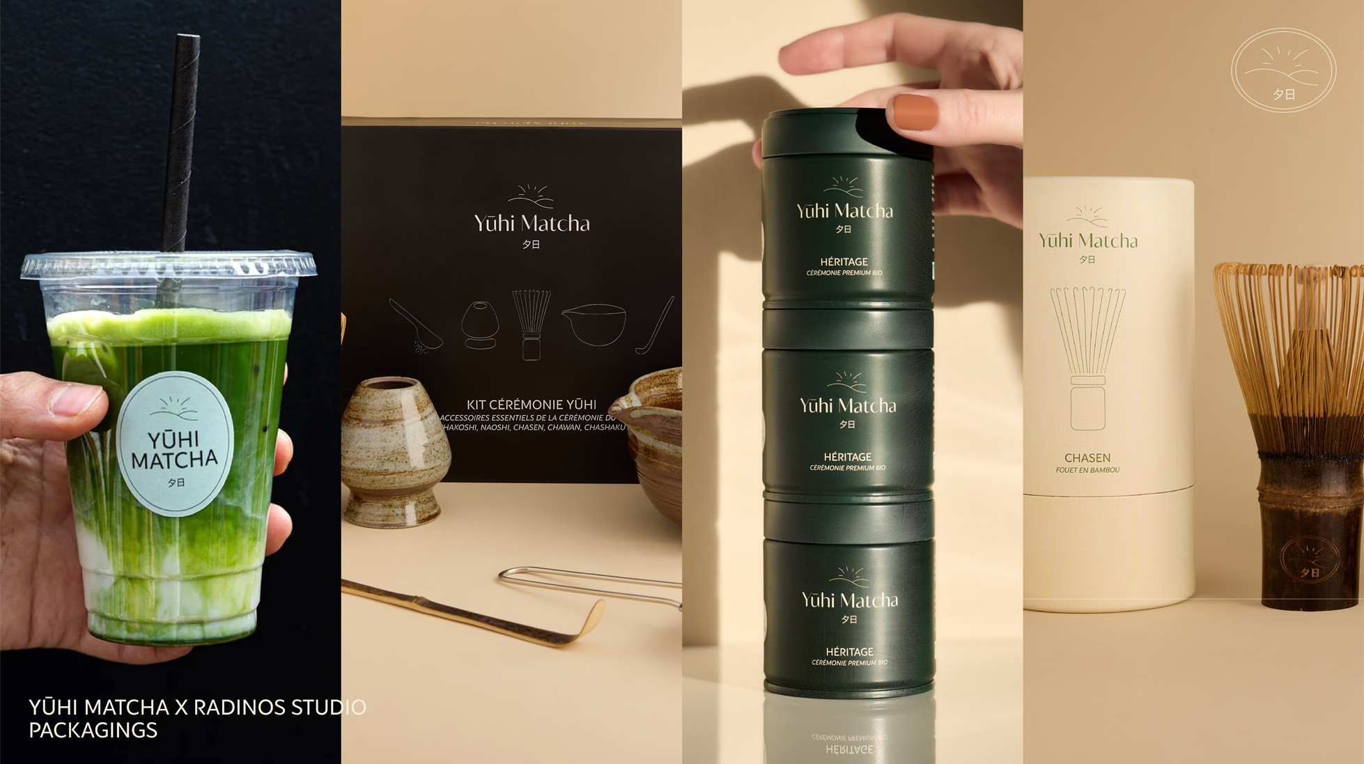 Packagings Yūhi Matcha : gobelet, kit cérémonie, matcha, chasen