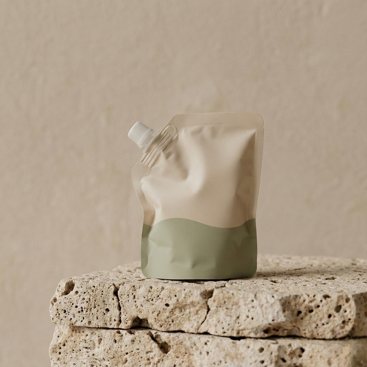 A beige and green stand-up pouch with a white spout is placed on textured stone. The minimalistic design conveys a natural, eco-friendly vibe.