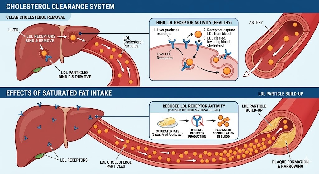 A medical infographic comparing two parallel liver-artery models: on the left, 'Healthy LDL Receptor Activity' shows plentiful blue receptors effectively clearing LDL particles (small red spheres) from an artery, with healthy blood flow. On the right, 'Reduced LDL Receptor Activity (Caused by Saturated Fat Intake)' shows a liver with conceptual red receptors and conceptual saturated fat visuals, conceptualized from figures conceptualizing reduced focus and conceptualizing reduced hunger, resulting in a high concentration of LDL particles and conceptual plaque build-up in the artery. The illustration includes educational call-outs detailing the mechanism and is rendered in a modern medical style with a blue and red color palette.
