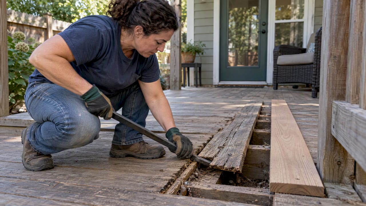 Homeowner removing a cracked deck board