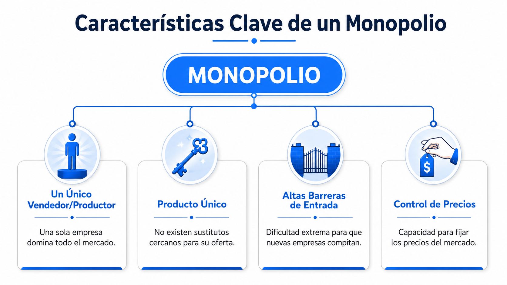 Infografía que explica los cuatro conceptos principales que definen las características clave de un monopolio en economía.
