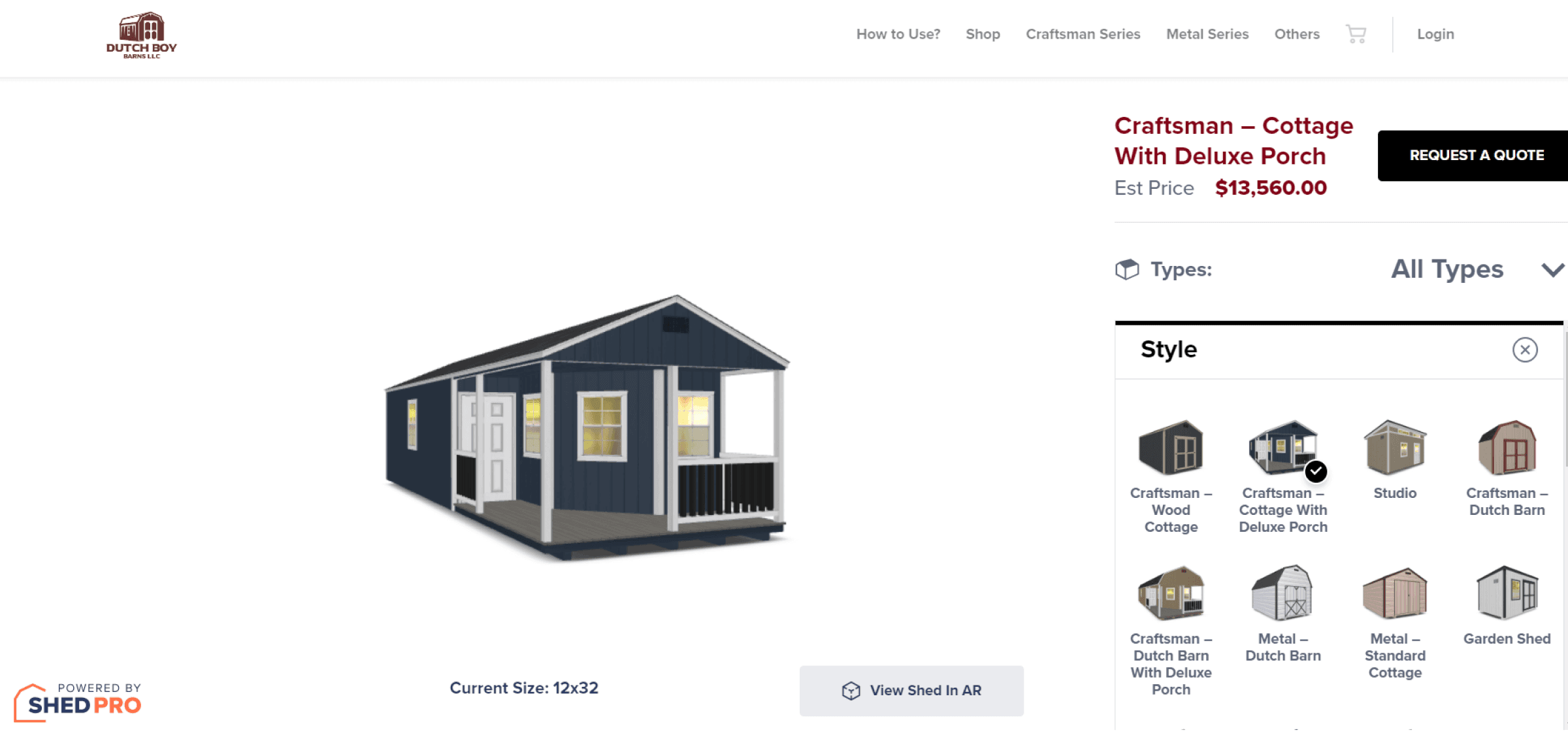 ShedPro configurator displaying a 3D model of a cottage-style shed with adjustable size, style, and pricing.