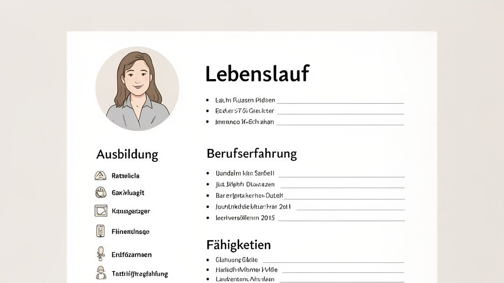 Ein Lebenslauf-Layout mit einem Porträtbild einer Frau und Abschnitten für Ausbildung, Berufserfahrung und Fähigkeiten.