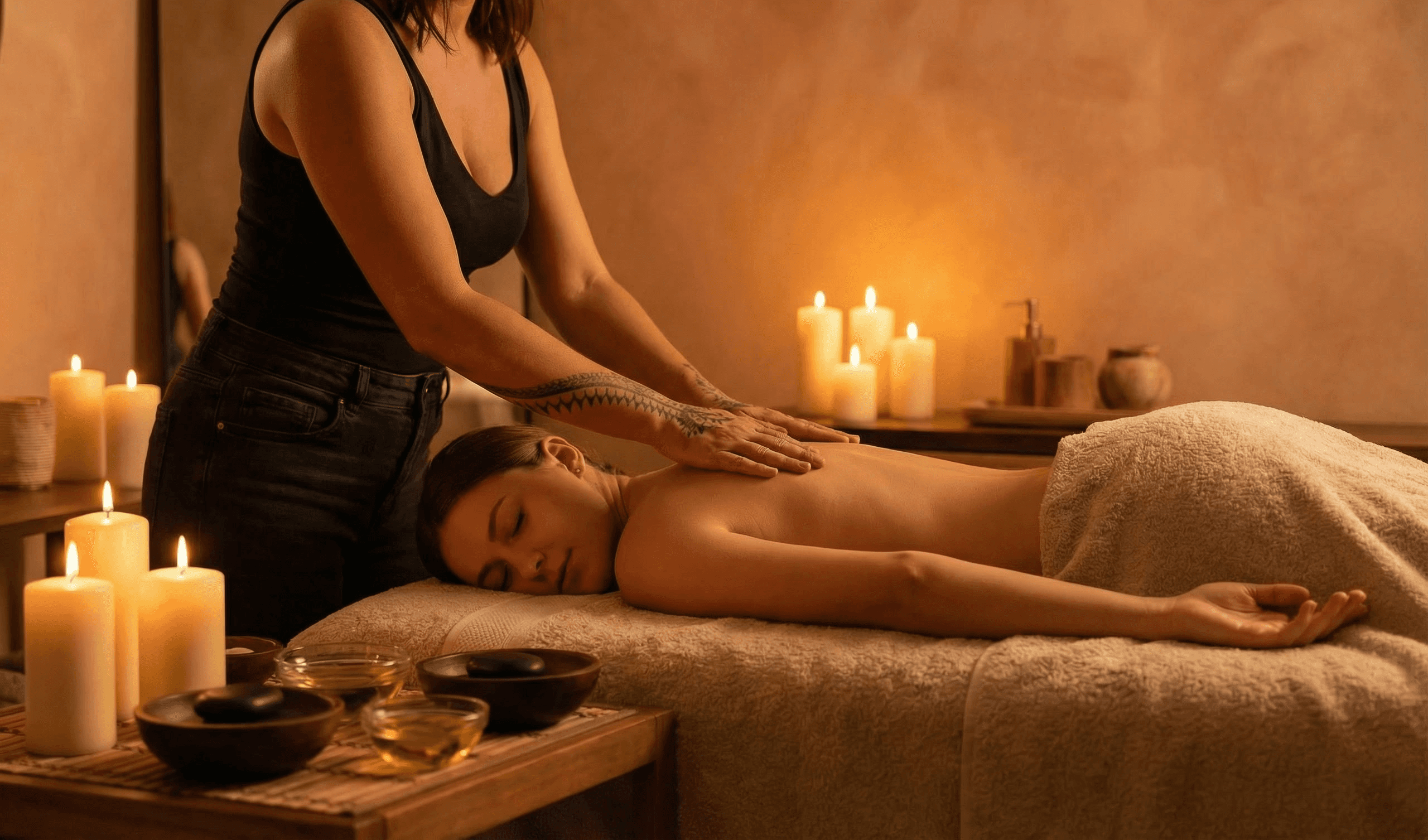 Massage Saint Denis : jeune femme allongée sur table de massage, ambiance chaude avec bougies, praticien effectuant un massage du dos relaxant.