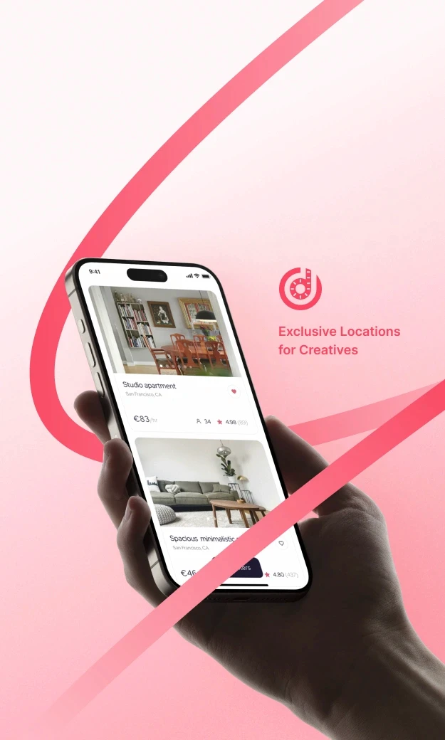 The image features a promotional graphic showcasing a mobile application for booking exclusive locations, specifically targeted at creatives.  Background:  The background is a gradient of soft pink shades, providing a clean and visually appealing backdrop. Two diagonal, curved lines in a slightly darker pink shade cross the background, adding a dynamic and modern touch. Mobile App Display:  A hand is holding a smartphone, angled slightly towards the viewer. The smartphone screen displays the app interface with listings of different locations available for rent. The top listing shows a "Studio apartment" in San Francisco, CA, priced at €83 per hour. The listing includes an image of a cozy studio with a dining area. The second listing shows a "Spacious minimalistic..." apartment in San Francisco, CA, priced at €46 per hour. The image shows a modern living room with minimalistic decor. App Details:  Each listing includes icons indicating additional details such as the number of likes (34 and 40) and ratings (4.98 and 4.80 stars, respectively). The user interface is clean and user-friendly, emphasizing important information clearly. Text and Logo:  To the right of the smartphone, the text reads "Exclusive Locations for Creatives" in a bright red color. Above the text is a logo that appears to be a stylized combination of a location pin and a musical note or some other creative symbol. The overall design is sleek and modern, highlighting the app's focus on providing unique and exclusive locations for creative professionals.