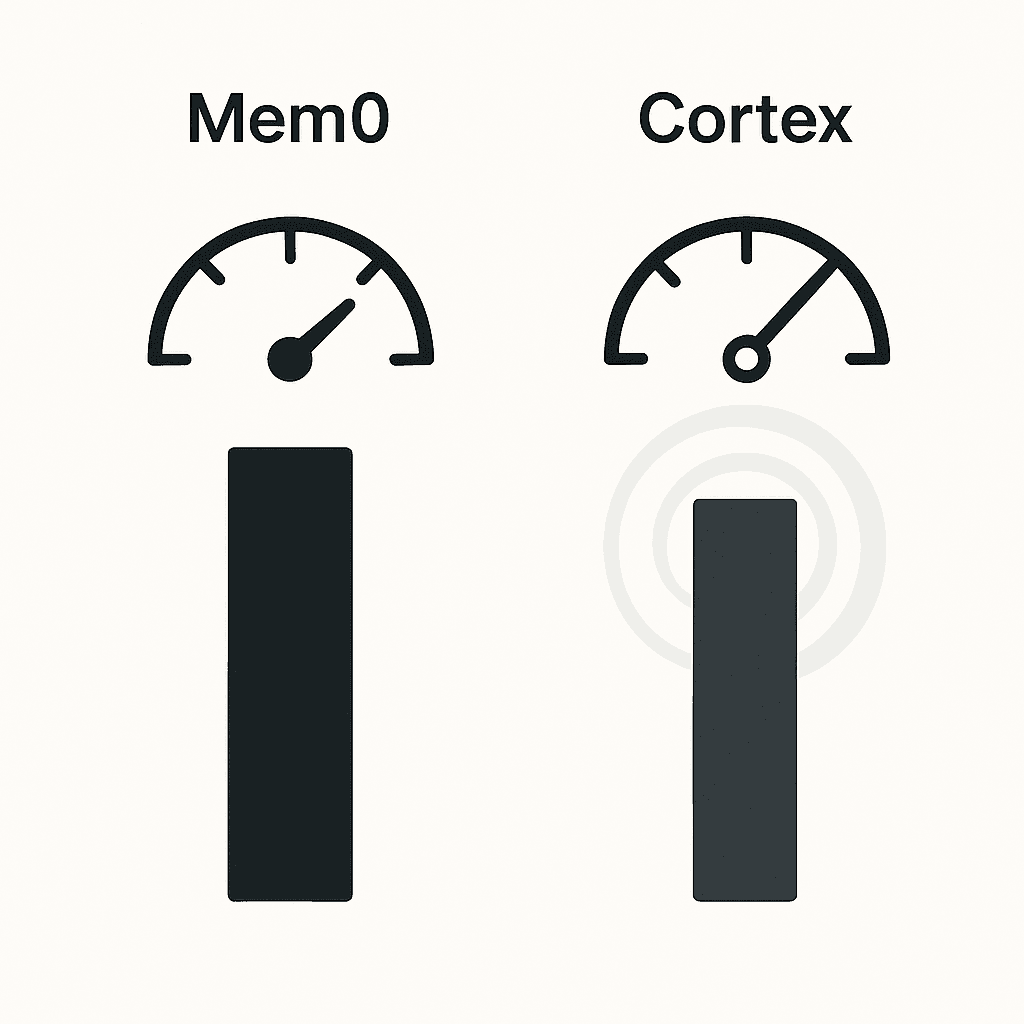 Latency and accuracy gauges contrasting Mem0’s faster, more accurate results with Cortex