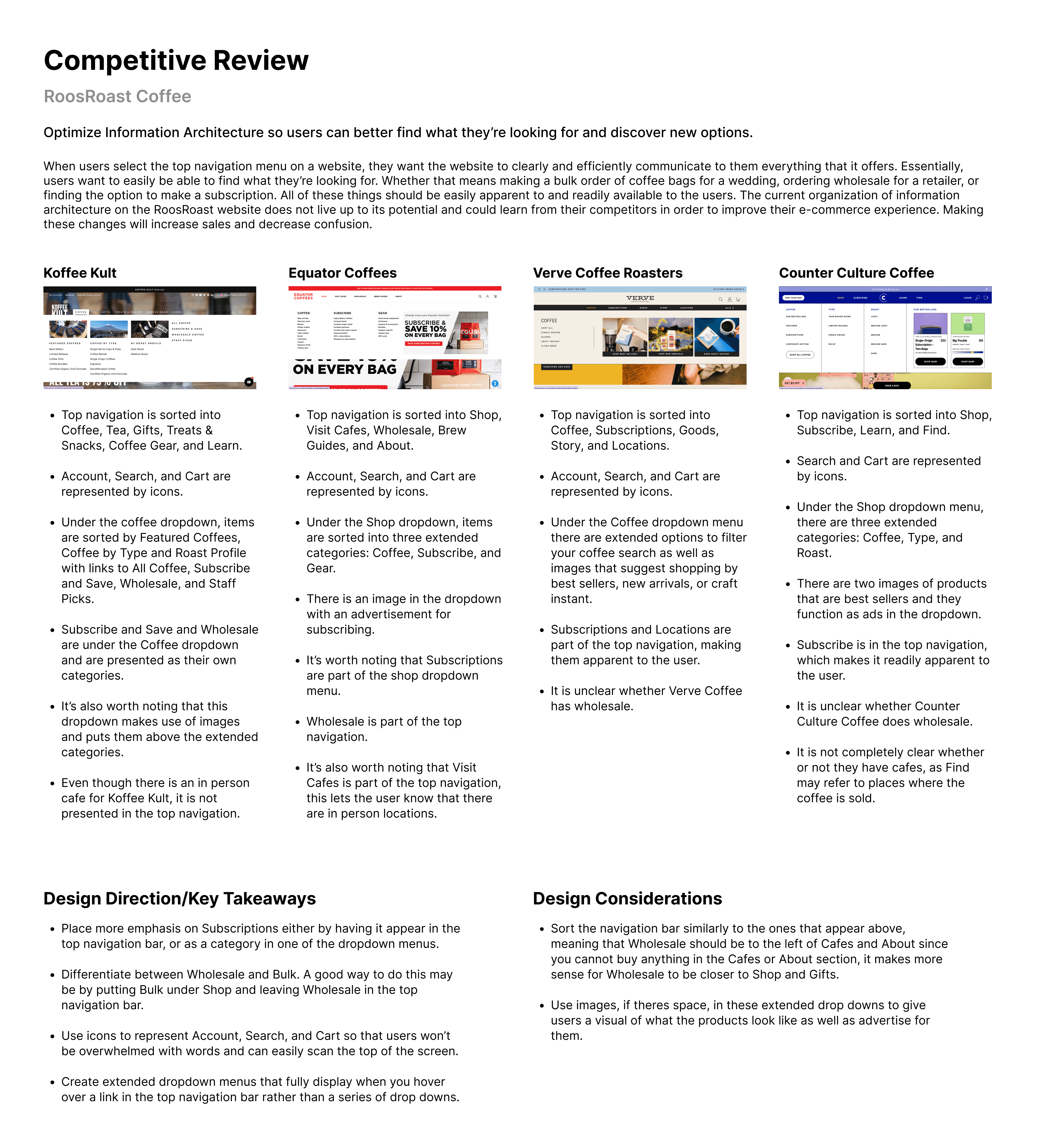 An image of the Competitive Review that I conducted regarding Information Architecture for Coffee websites.