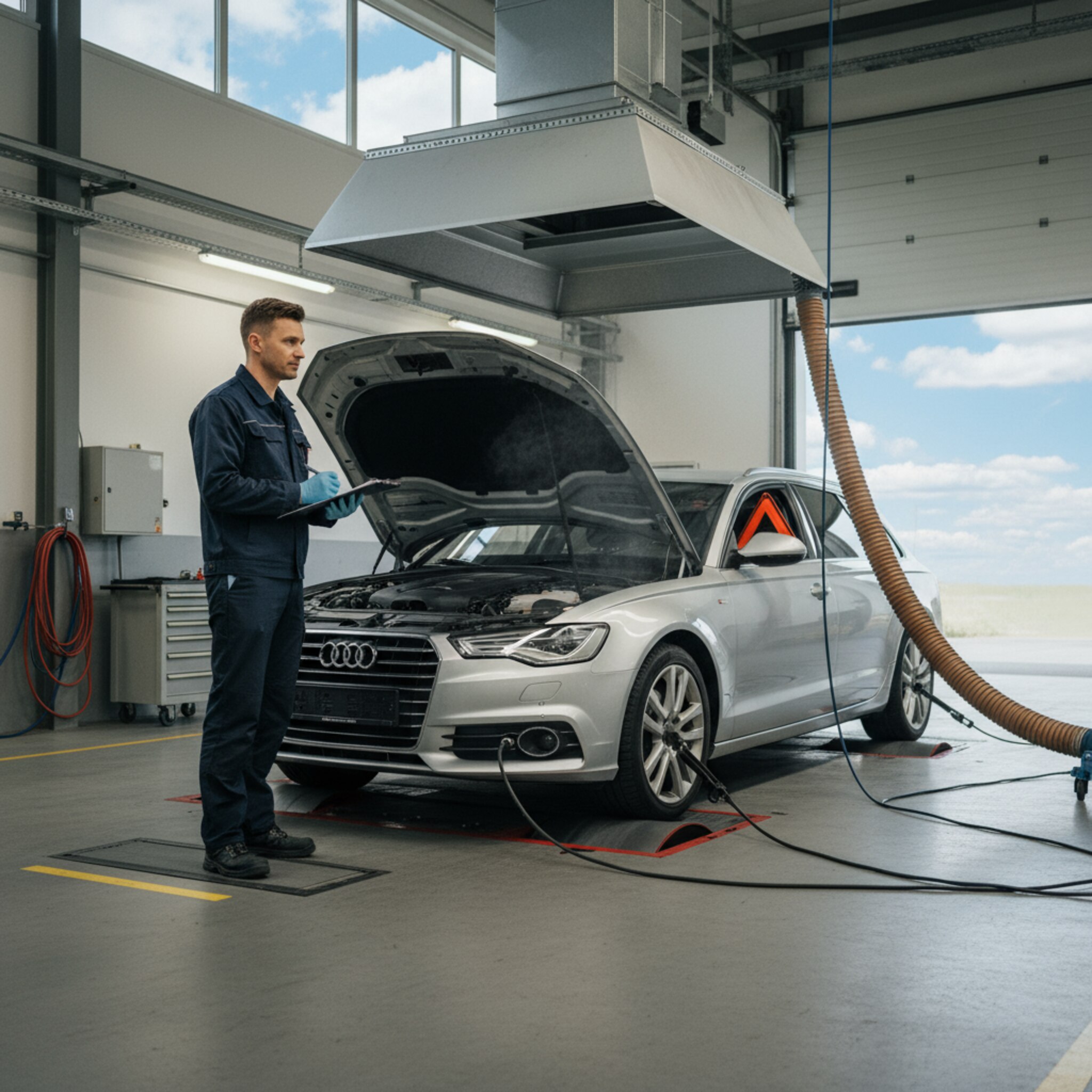 Auf der Prüfbahn steht ein silberner Kombi mit geöffneter Motorhaube, ein Abgasschlauch ist an das Rohr gesteckt. Der Prüfingenieur trägt Handschuhe und notiert Werte auf einem Klemmbrett. Eine orangefarbene Warndreieck-Box liegt auf dem Beifahrersitz. Die Luft flimmert leicht, draußen ziehen Wolken vorbei.
