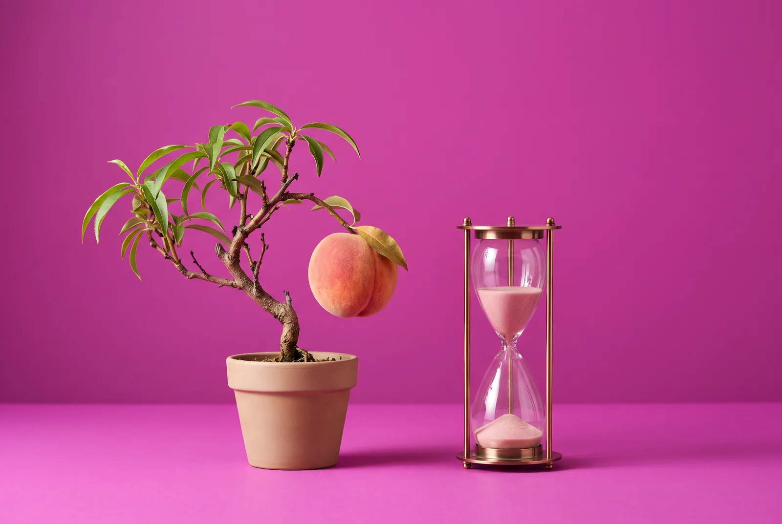 A dwarf peach tree with one peach beside a tall hourglass, how long it takes to rebuild trust after porn addiction