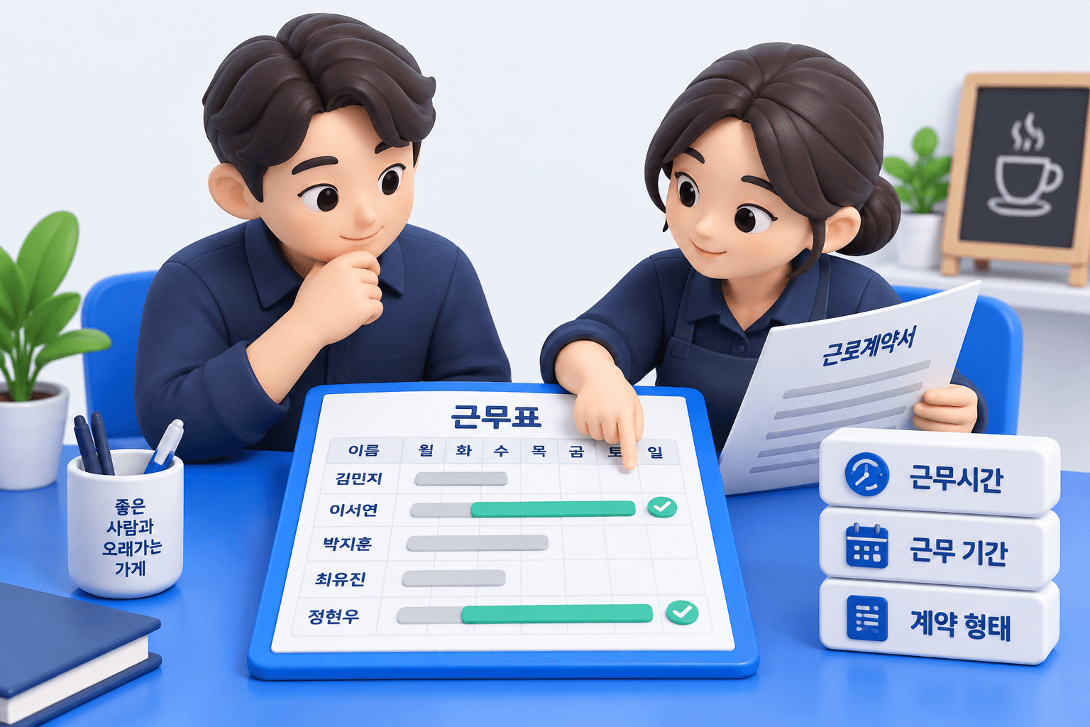 근무표와 근로계약서를 놓고 4대보험 가입 대상을 확인하는 두 사람