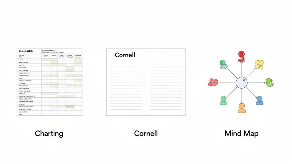 Three different note-taking methods displayed: Charting, Cornell, and a Mind Map on a white background.