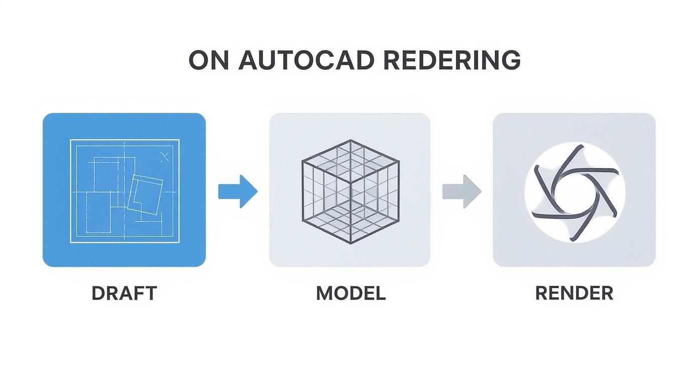Visual representation of the AutoCAD rendering workflow, showing draft, model, and render stages with icons.