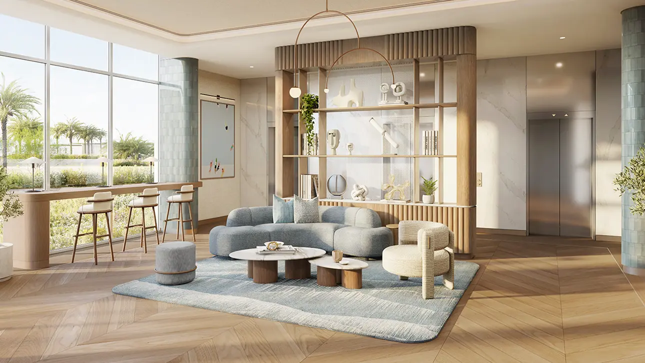 Modern living room in Norah residence featuring a large window that brightens the space with natural light.