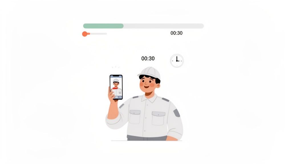 An illustrated man in a hard hat holds a smartphone showing his image, with a video progress bar and timer.