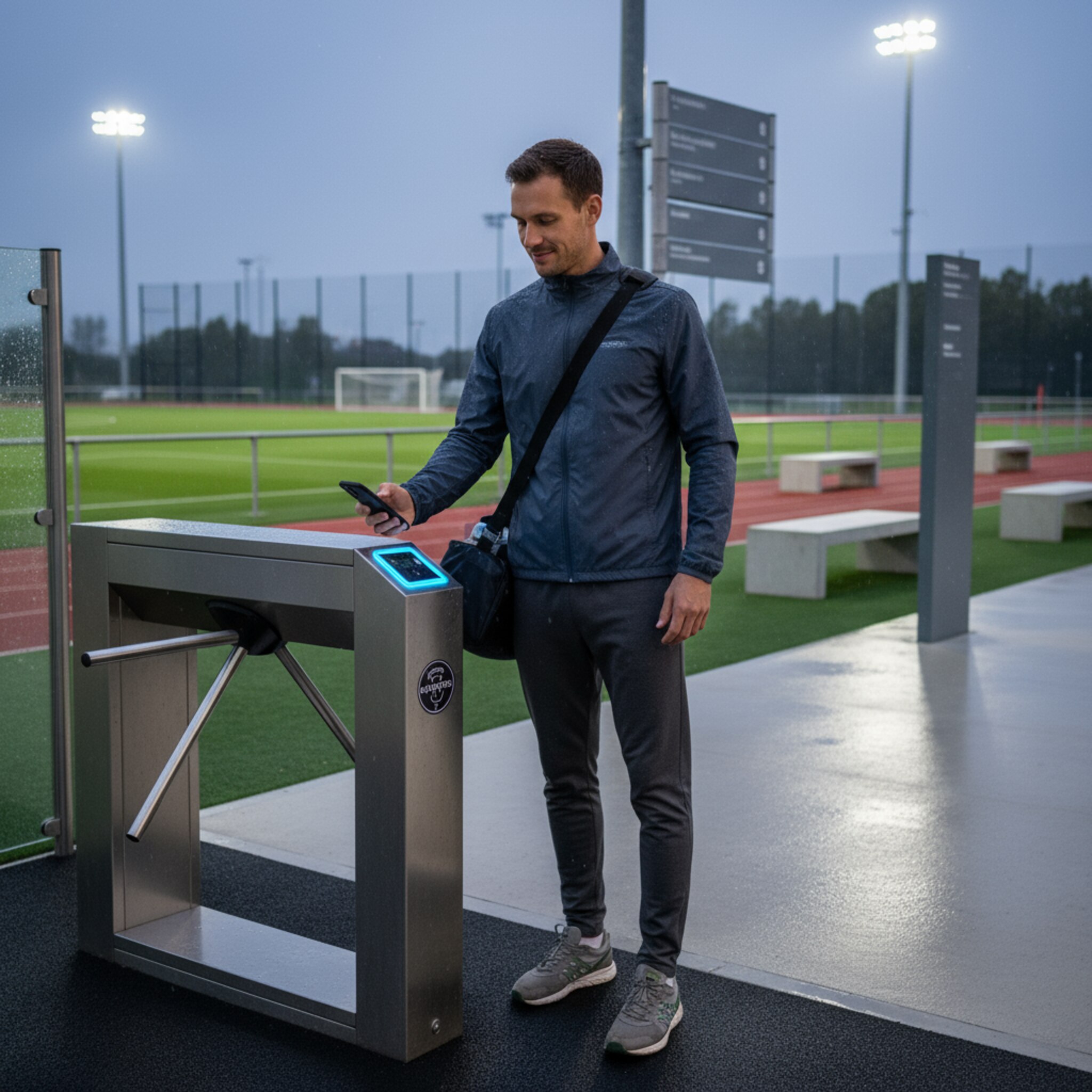 Athlet scannt QR-Code am Drehkreuz eines modernen Sportzentrums, Tür öffnet sich, Abendstimmung mit Flutlicht, realistischer Fotostil