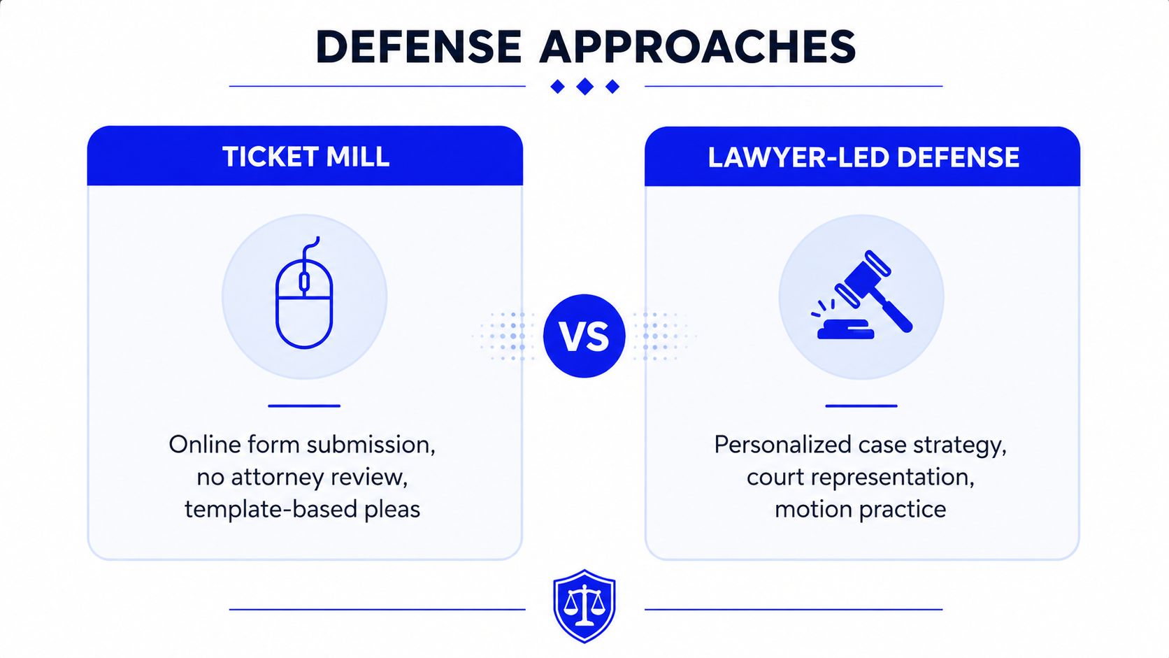 A comparison chart showing the differences between automated ticket mill services and professional lawyer-led legal defense strategies.