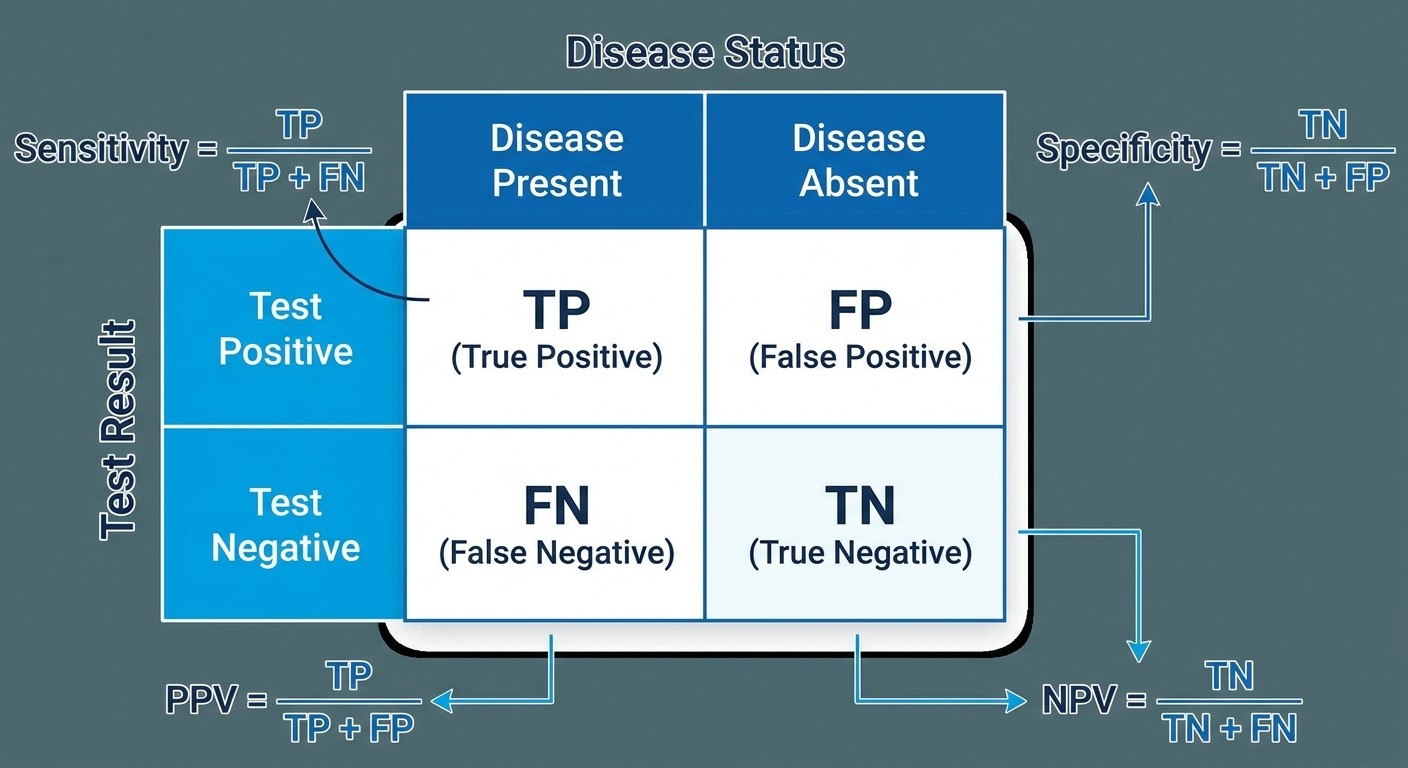 USMLE Step 1 biostatistics 2x2 table with sensitivity specificity formulas