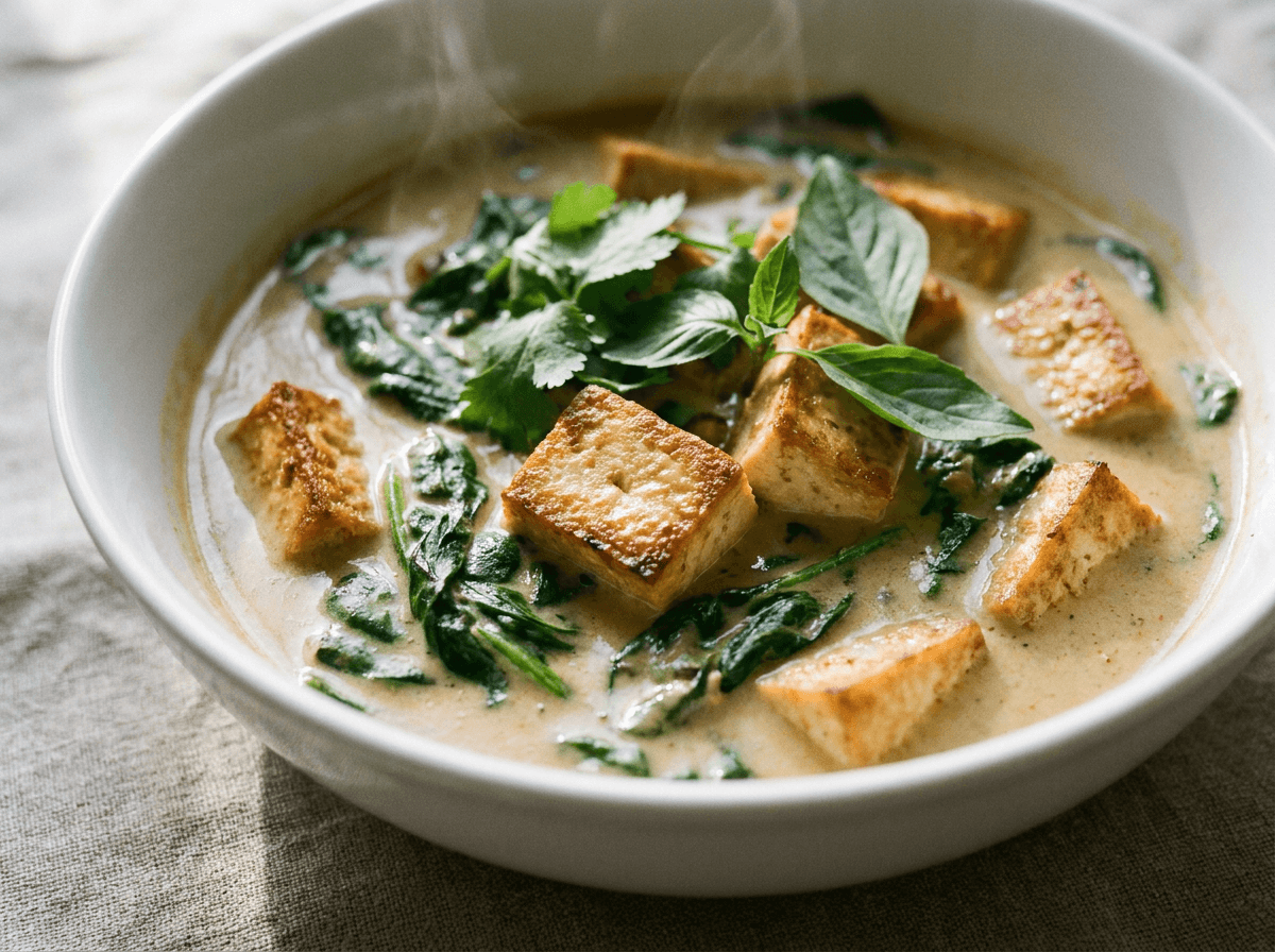 Creamy coconut tofu curry with spinach in a white bowl