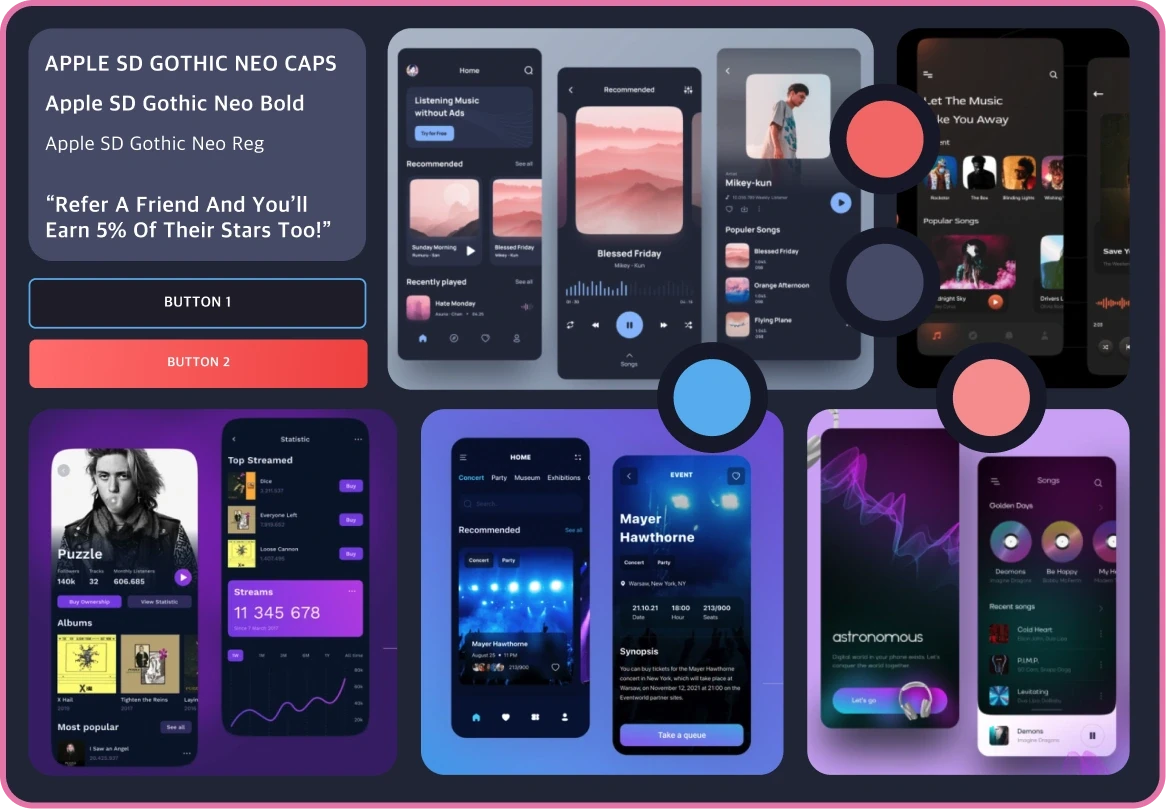 Mood board featuring other music apps, colour and typeface inspiration