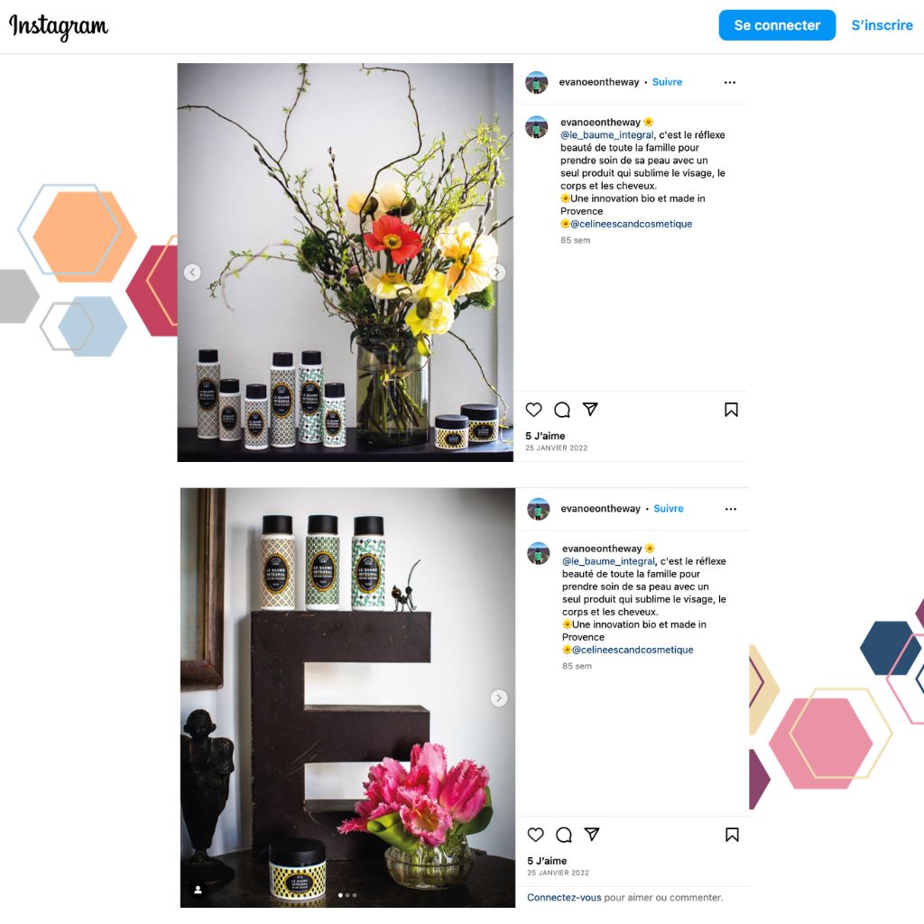 Publications Instagram présentant la gamme Le Baume Intégral avec fleurs et décoration naturelle, soins bio Made in Provence pour visage, corps et cheveux