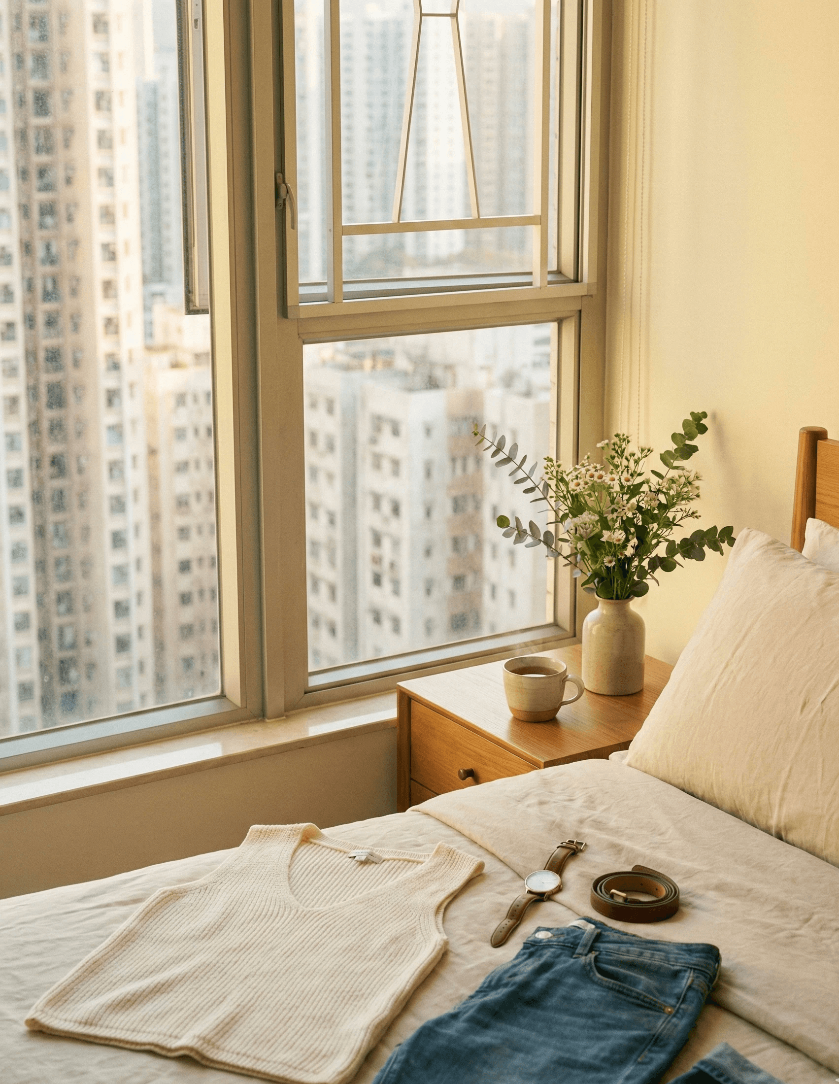 A tidy Hong Kong bedroom with soft morning light, a simple outfit laid out on the bed, and a vase of flowers on the bedside table