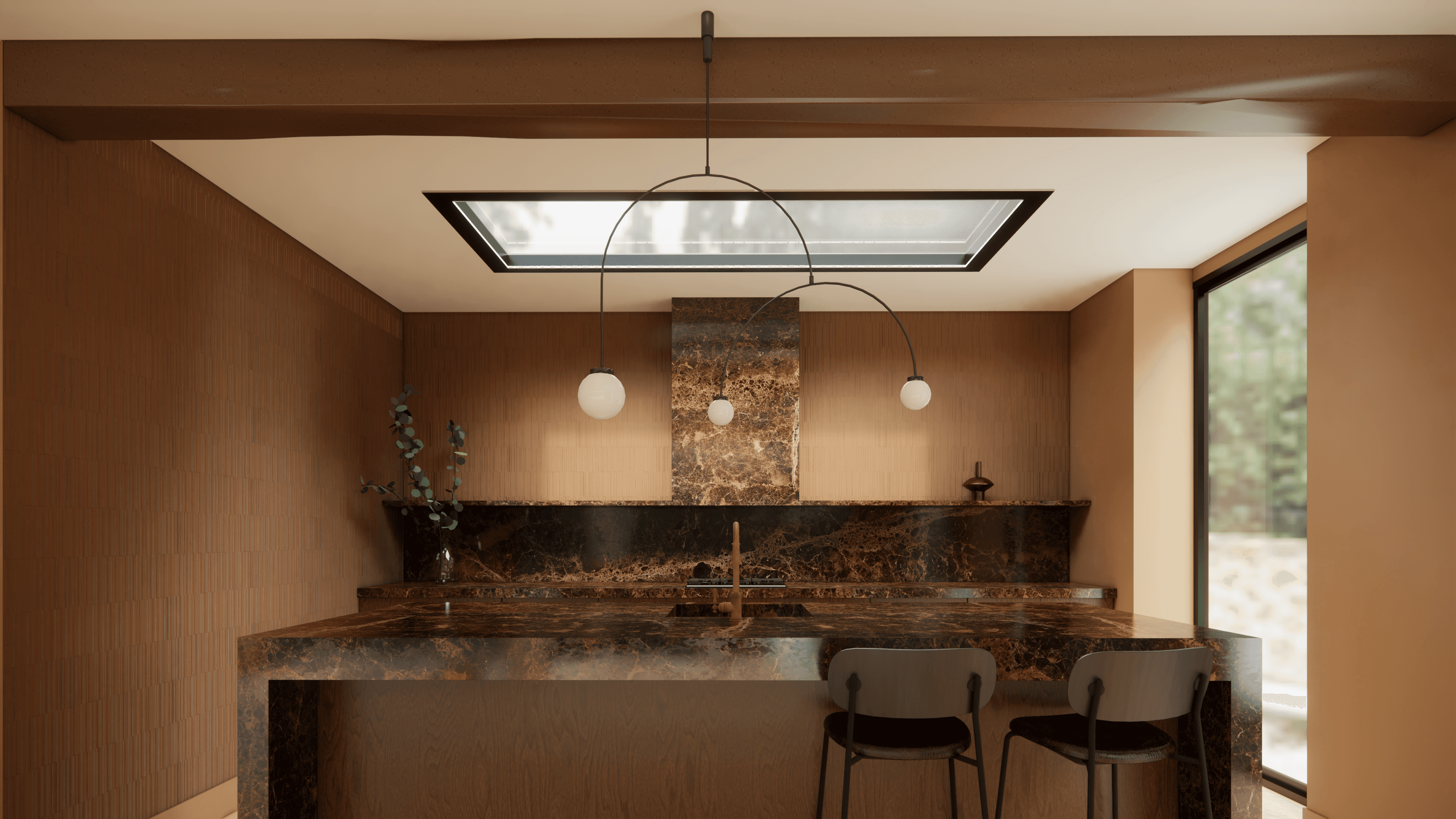 Bright modern kitchen with wood and stone features overlooking garden.