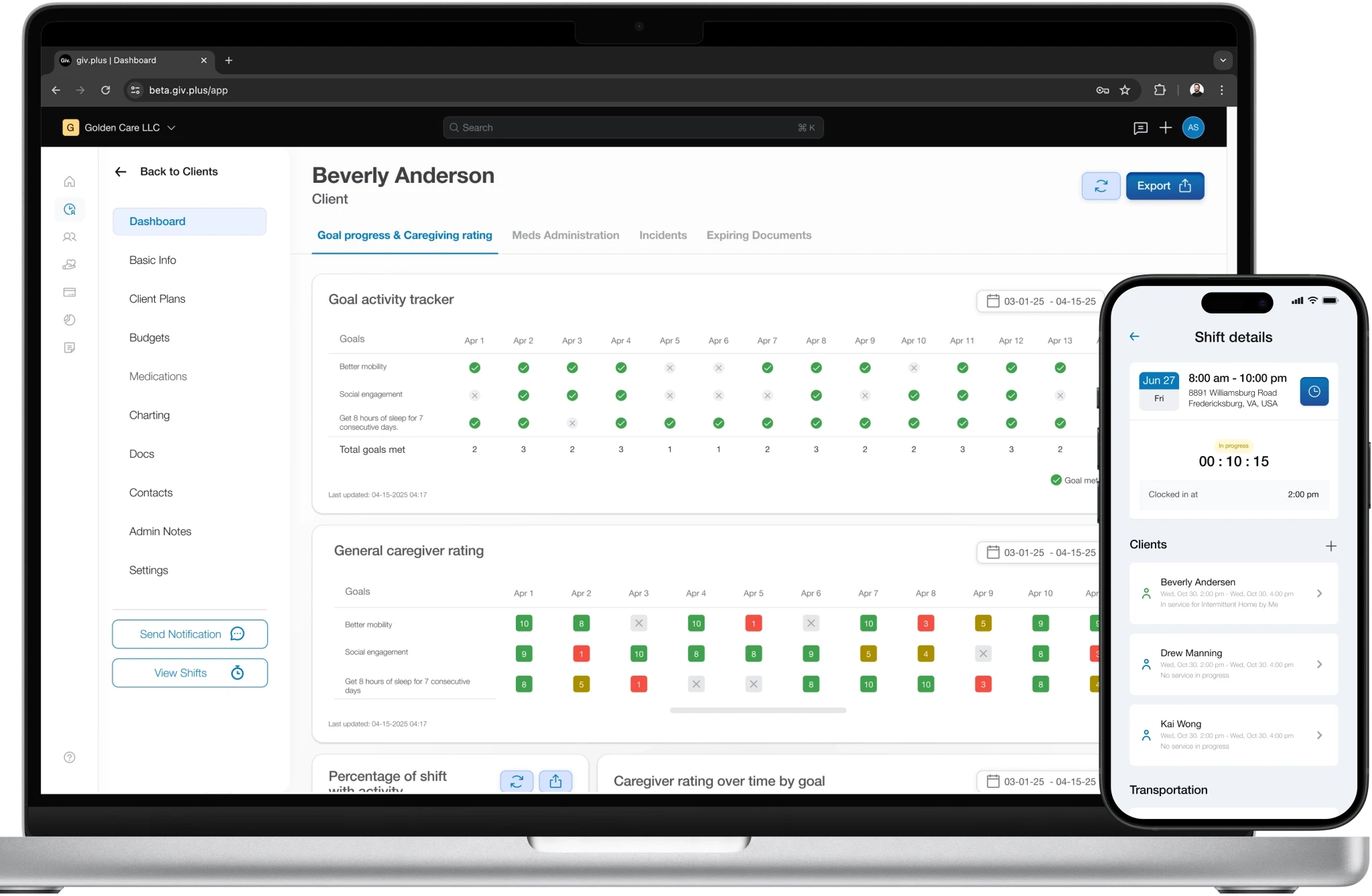 Giv charting and mobile app clock in.