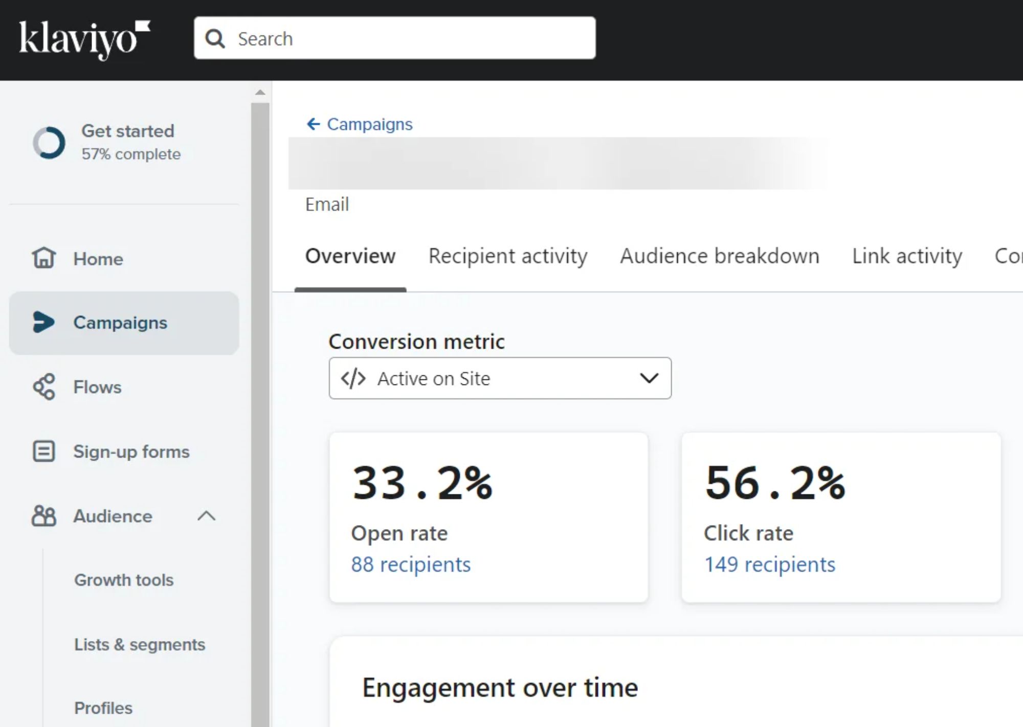 Klaviyo analytics dashboard displaying email campaign metrics, including open rate of 33.2% and click rate of 56.2%, with a focus on audience engagement over time