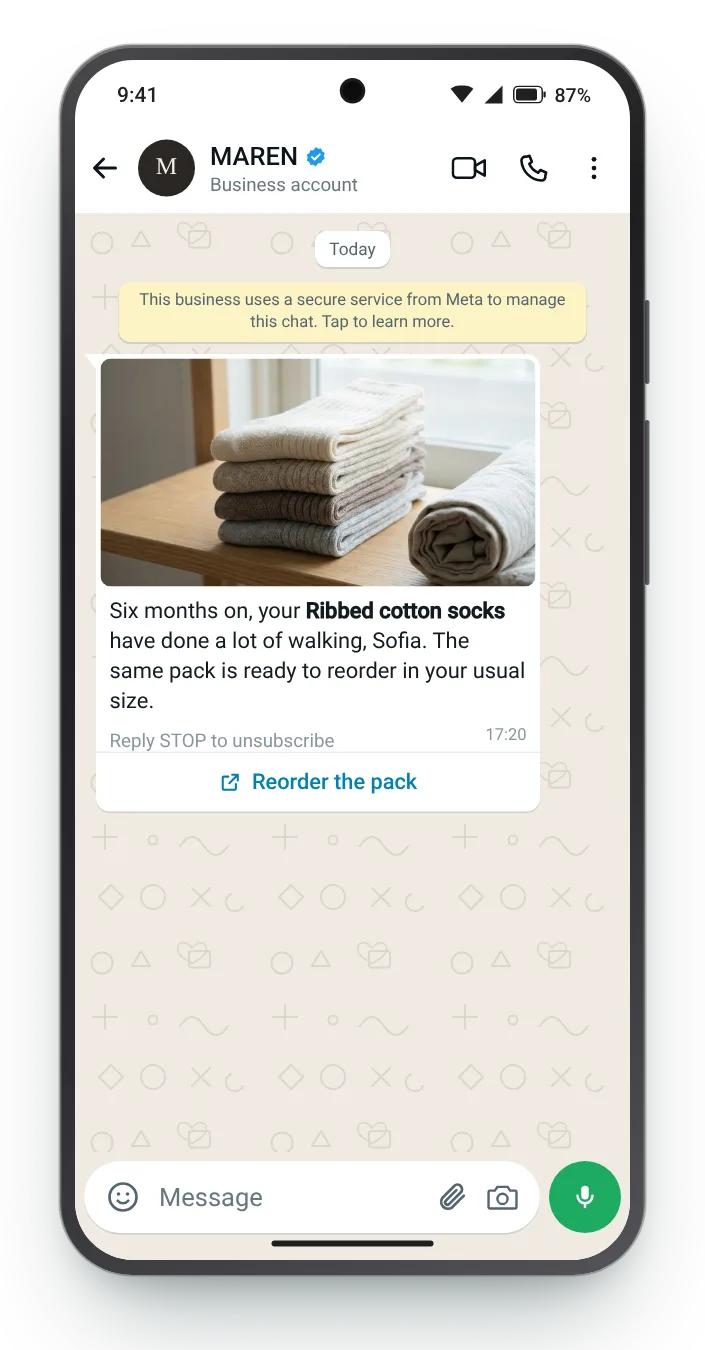 Everyday basics after half a year: WhatsApp reorder reminder on an Android phone
