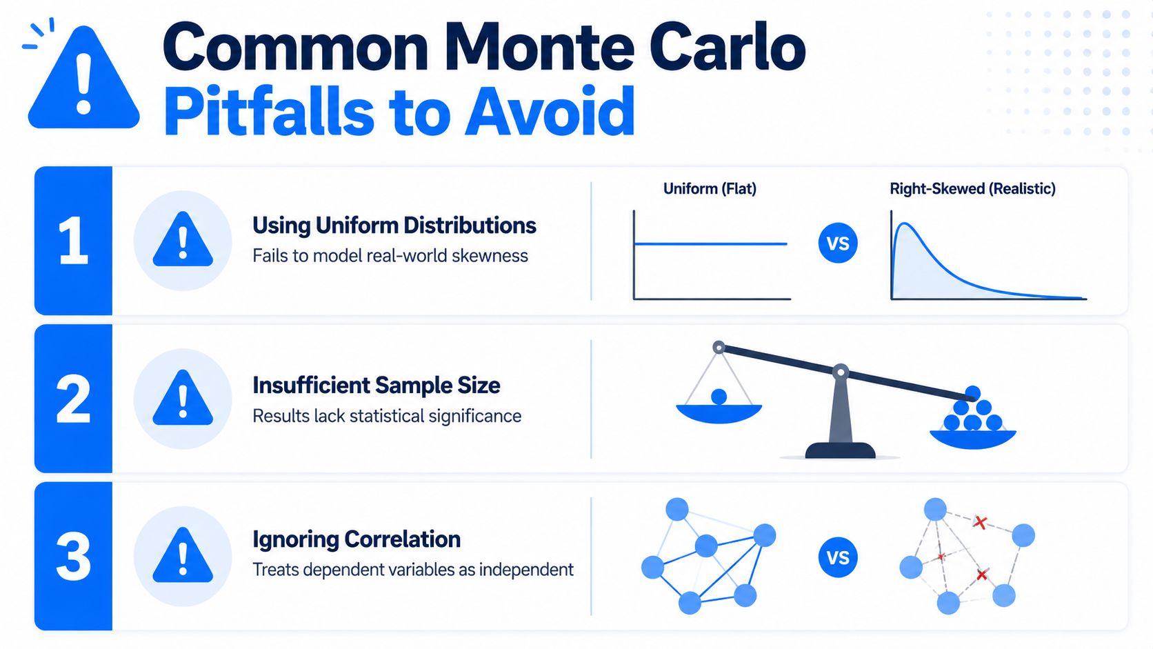 An infographic highlighting three common pitfalls to avoid when performing Monte Carlo simulations in data analysis.