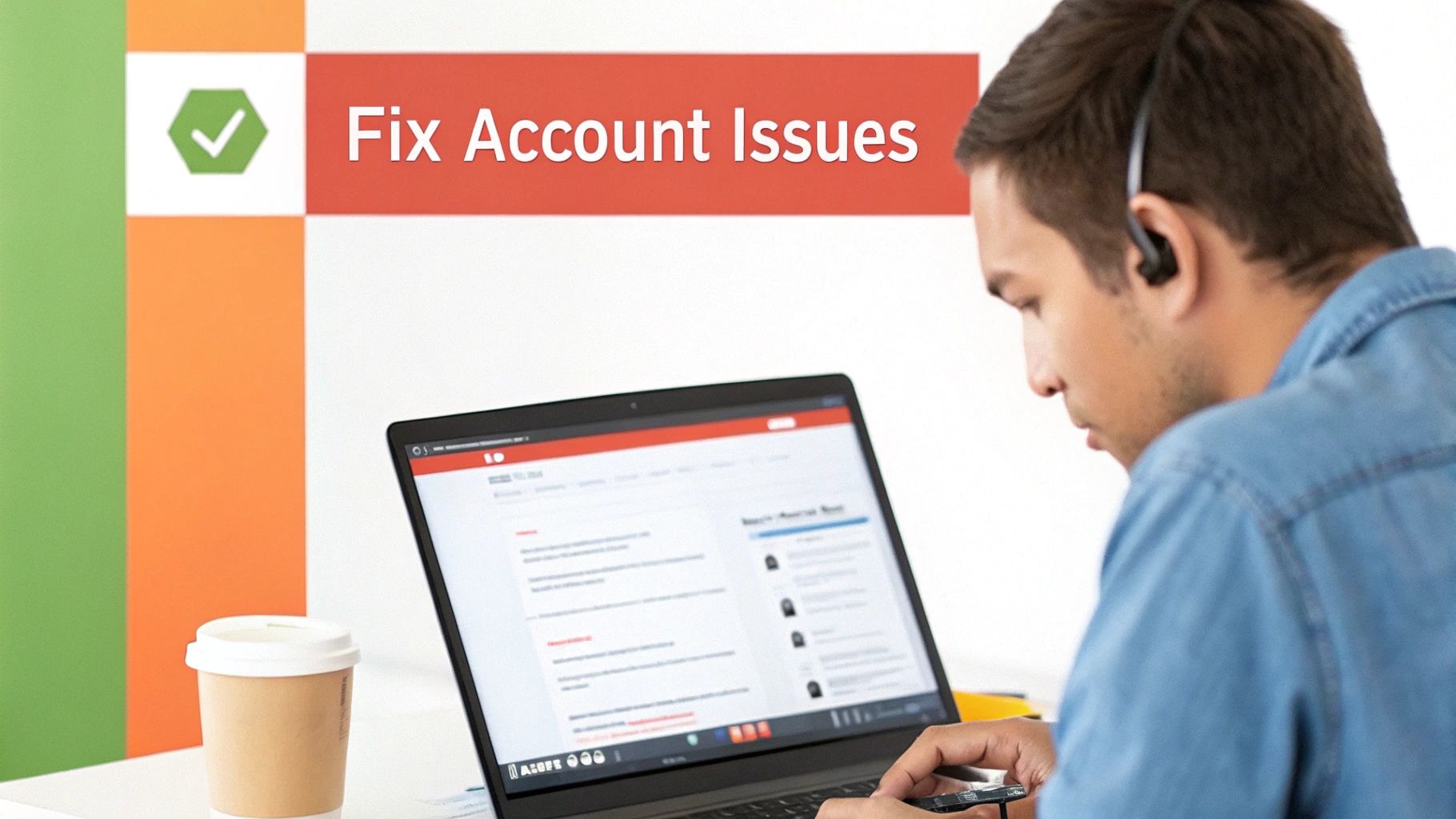 Man wearing an earbud intently working on a laptop to fix account issues, with a coffee cup nearby.