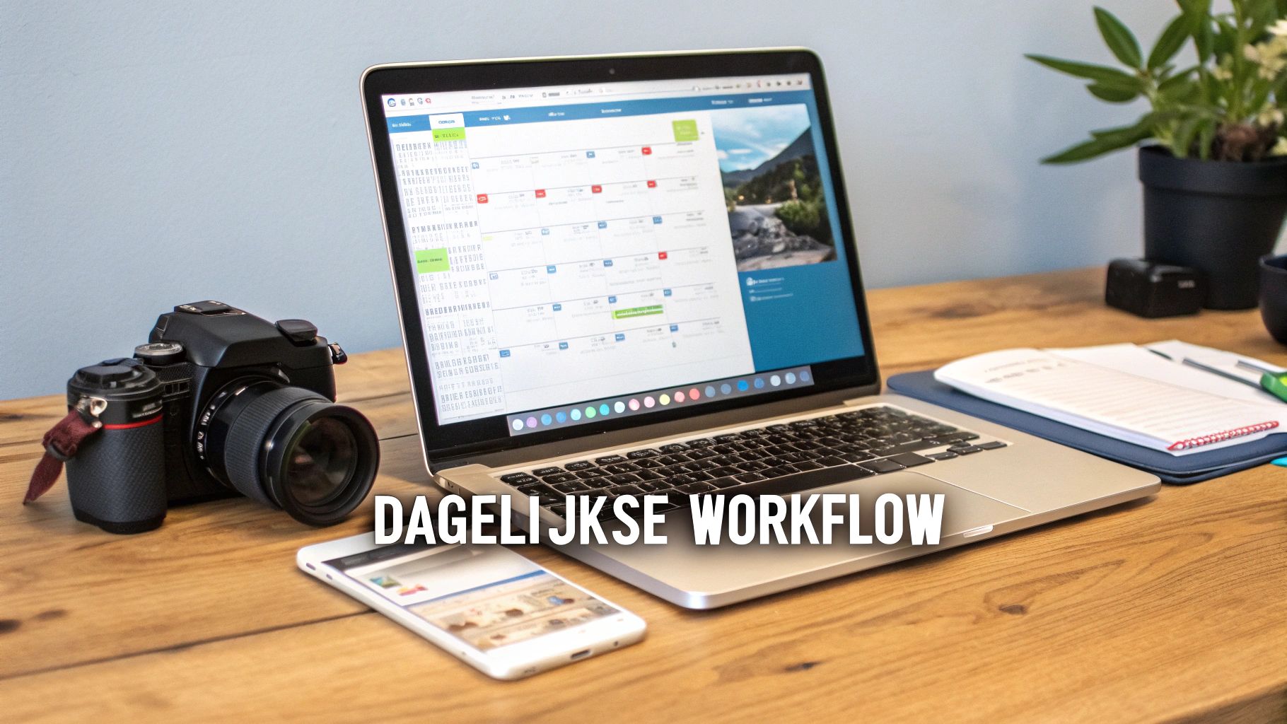Laptop met planning, camera, smartphone en notitieboek op een houten bureau, illustreert een dagelijkse workflow.