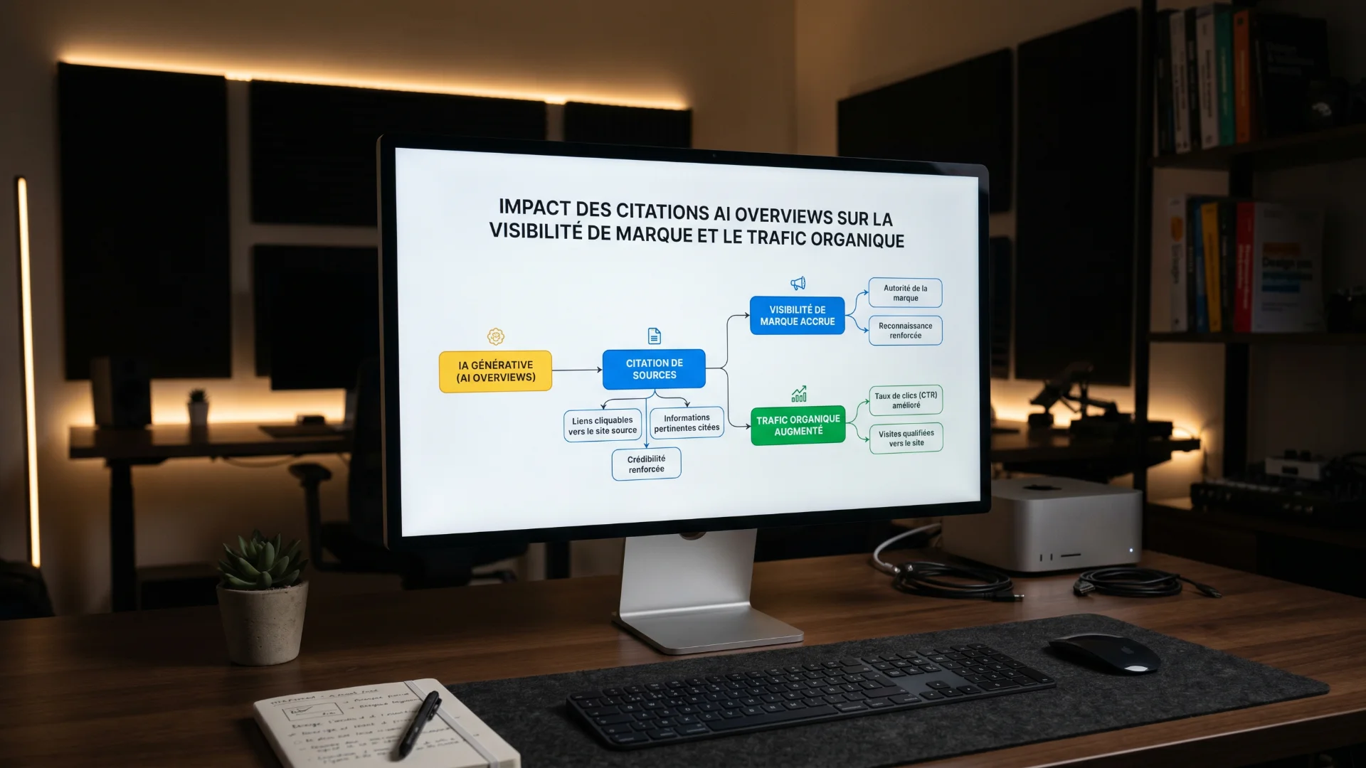 Schéma liant citations dans les AI Overviews, visibilité de marque et trafic organique