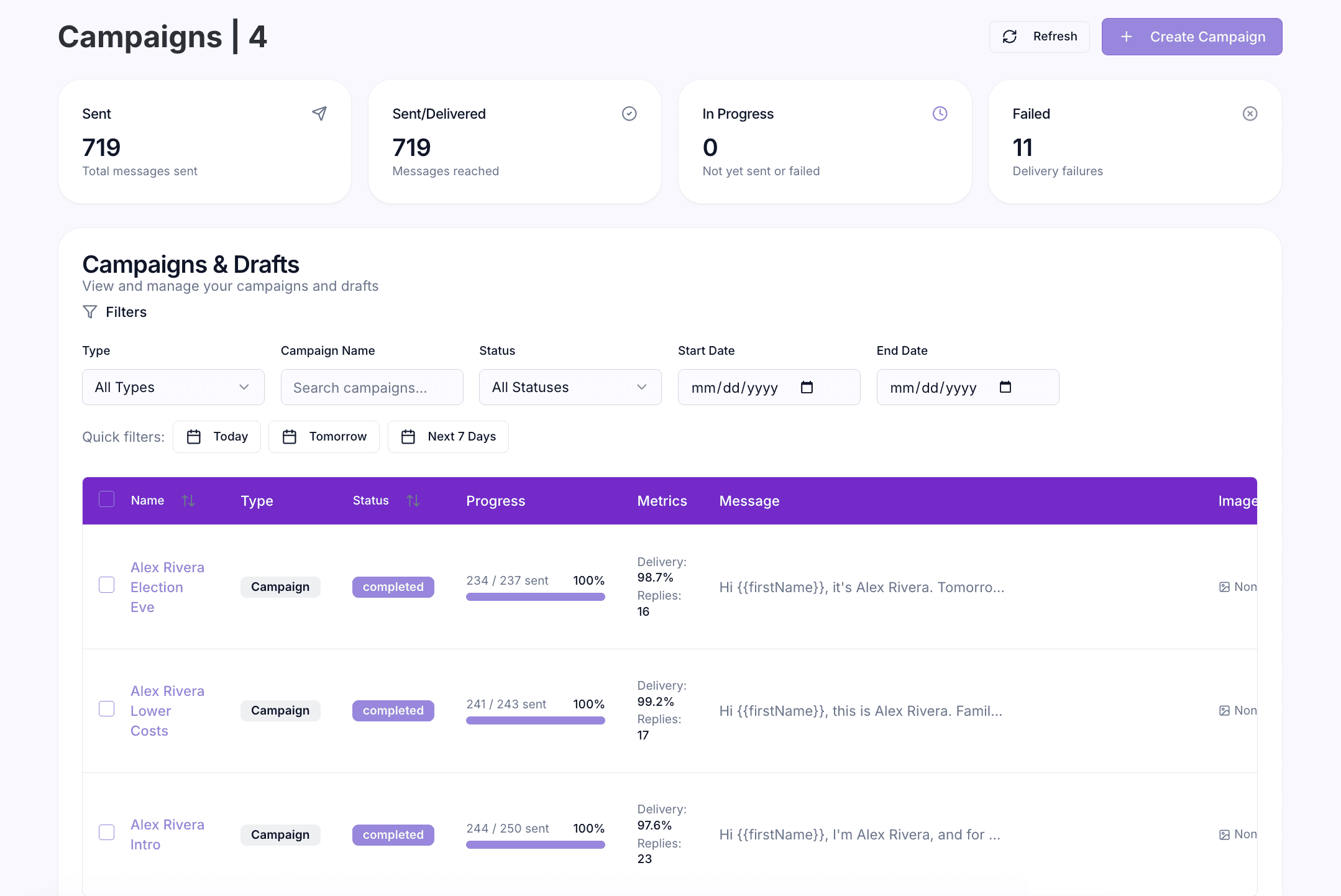 MessageSender Main Dashboard