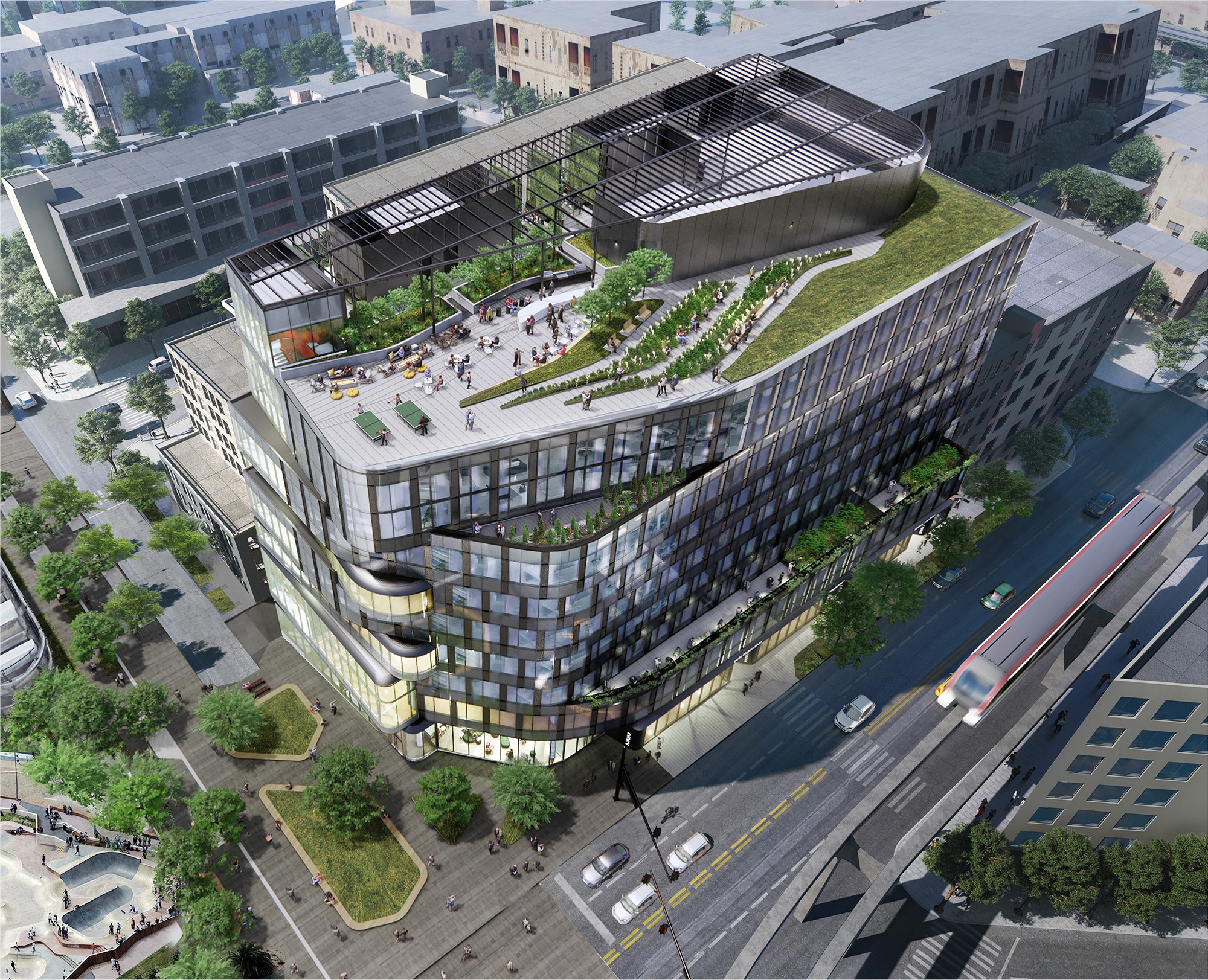 Aerial view of a commercial office building, where the dynamic, fluid facade design is echoed in the sculpted amenity roof landscape above.