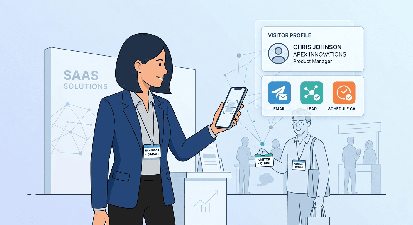 Universal badge scanner capturing attendee data at a trade show using Habsy app