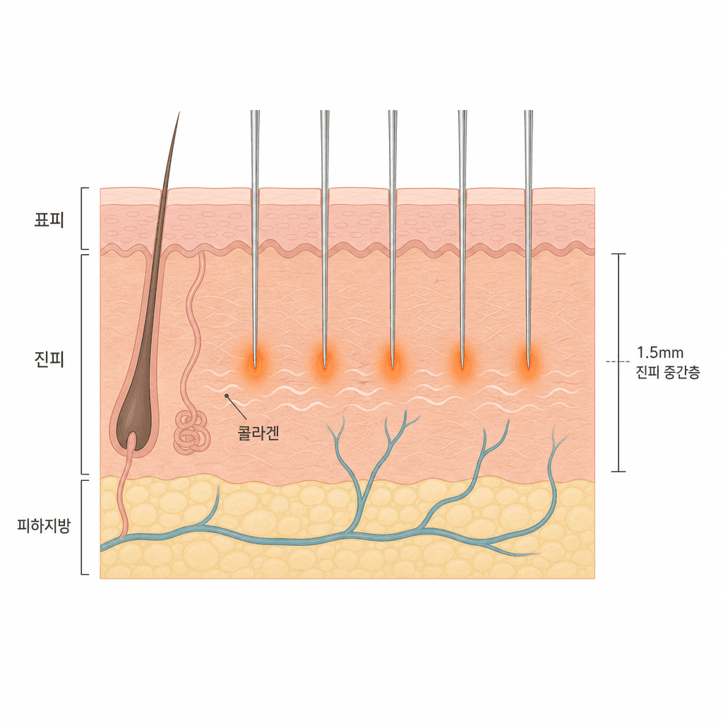 미세 바늘과 고주파 열이 진피를 자극하는 구조