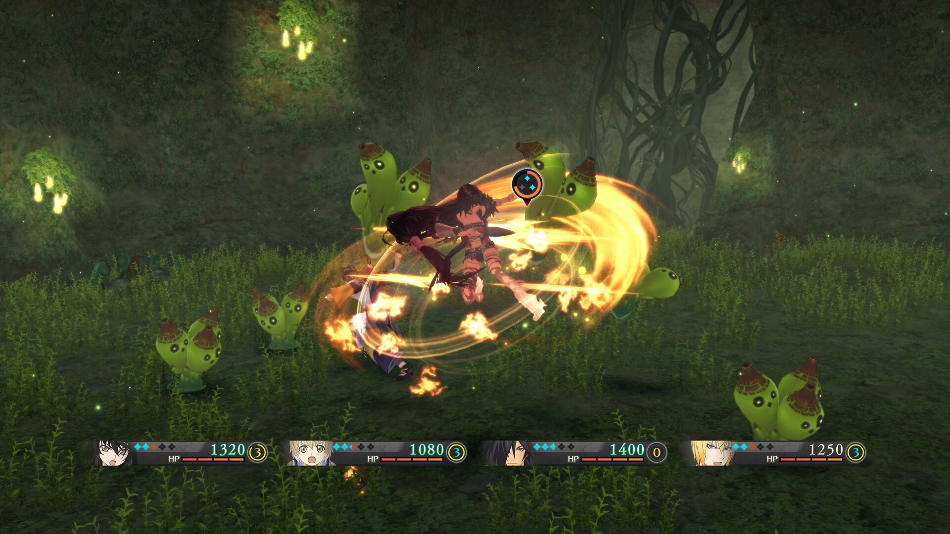 Combat dynamique dans Tales of Berseria Remastered PC avec Velvet utilisant une attaque spéciale contre plusieurs ennemis en forêt